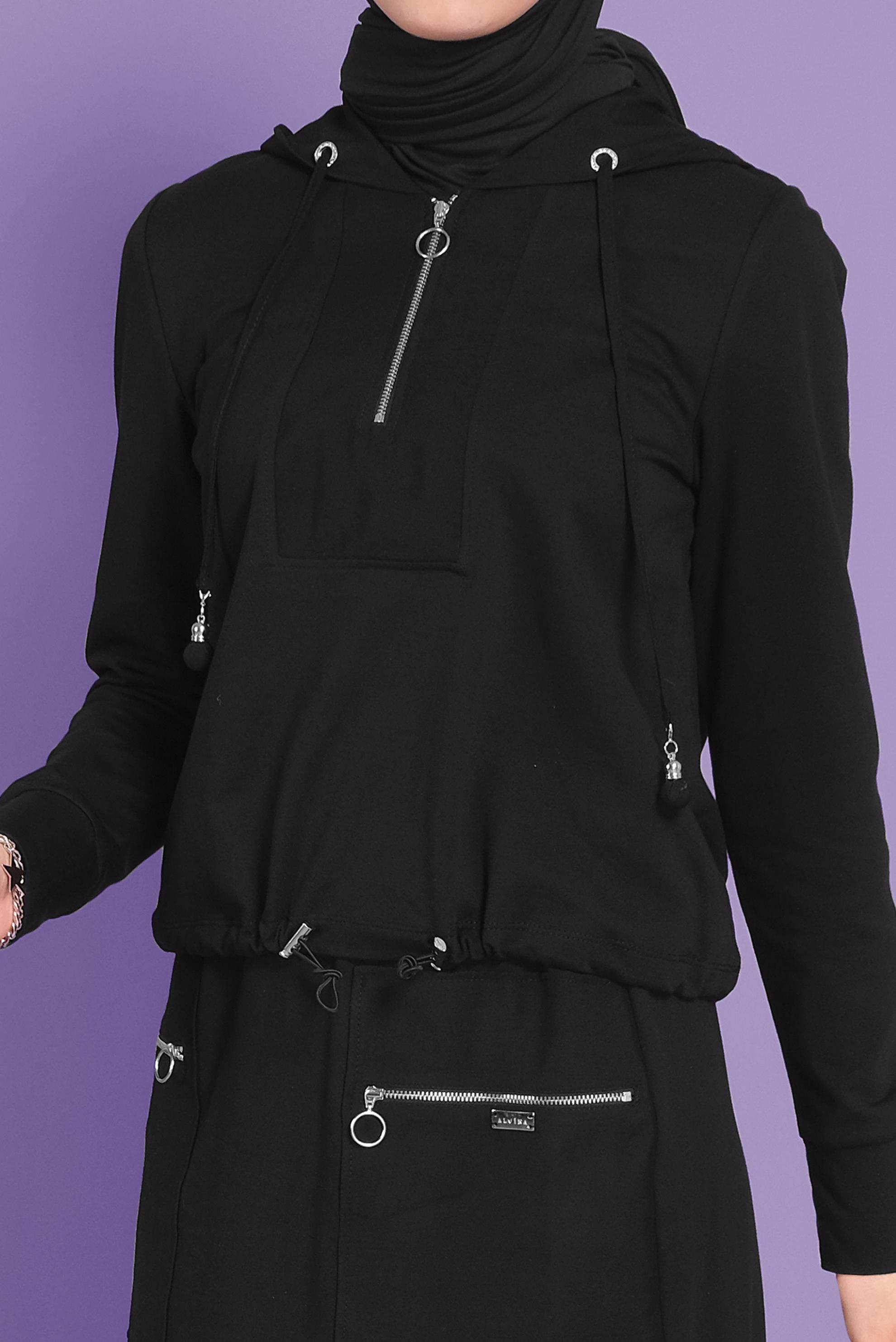 Tesettür giyim SİYAH KAPÜŞONLU FERMUARLI İKİLİ ETEKLİ EŞOFMAN TAKIM 41456 