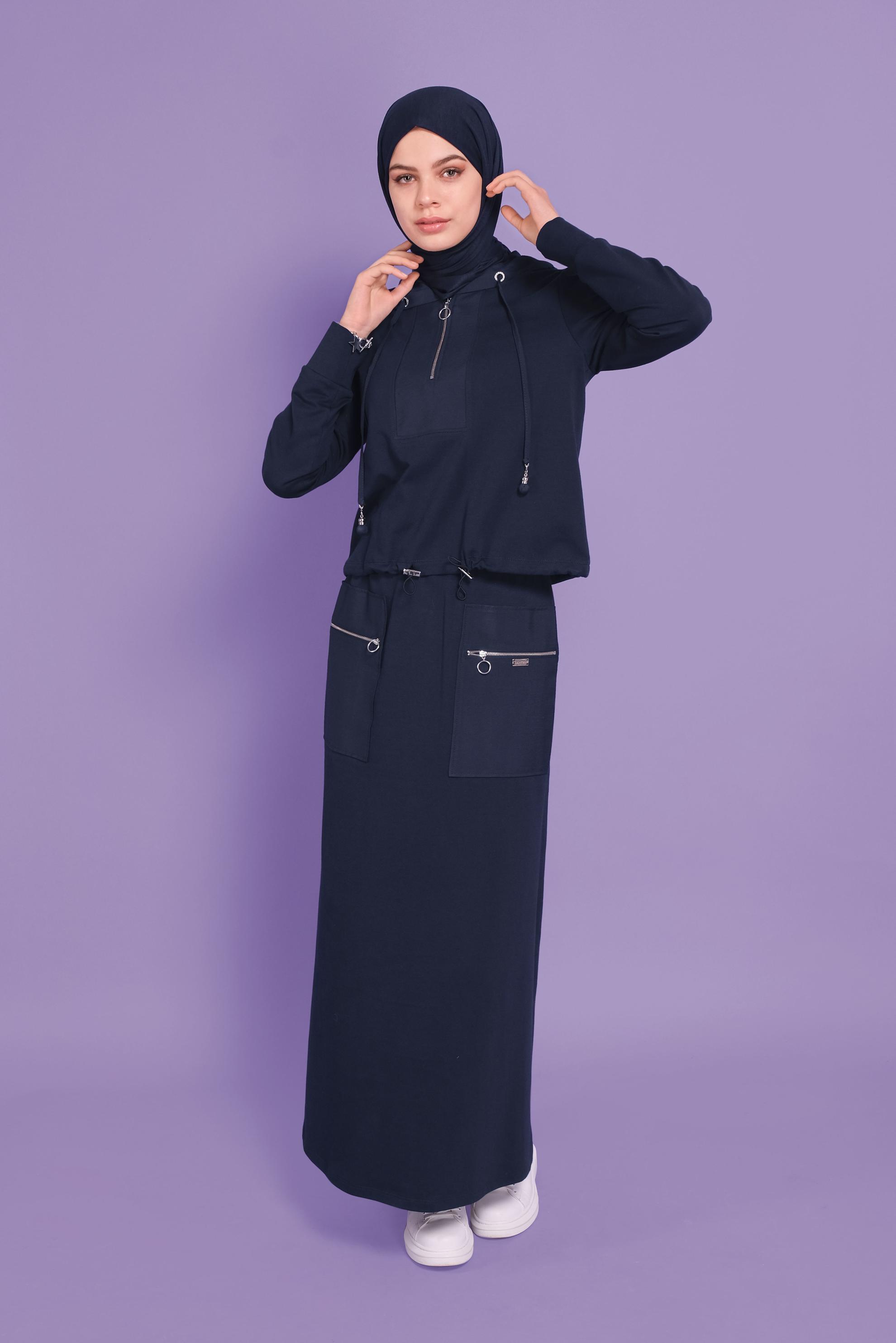 Tesettür giyim LACİVERT KAPÜŞONLU FERMUARLI İKİLİ ETEKLİ EŞOFMAN TAKIM 41456 