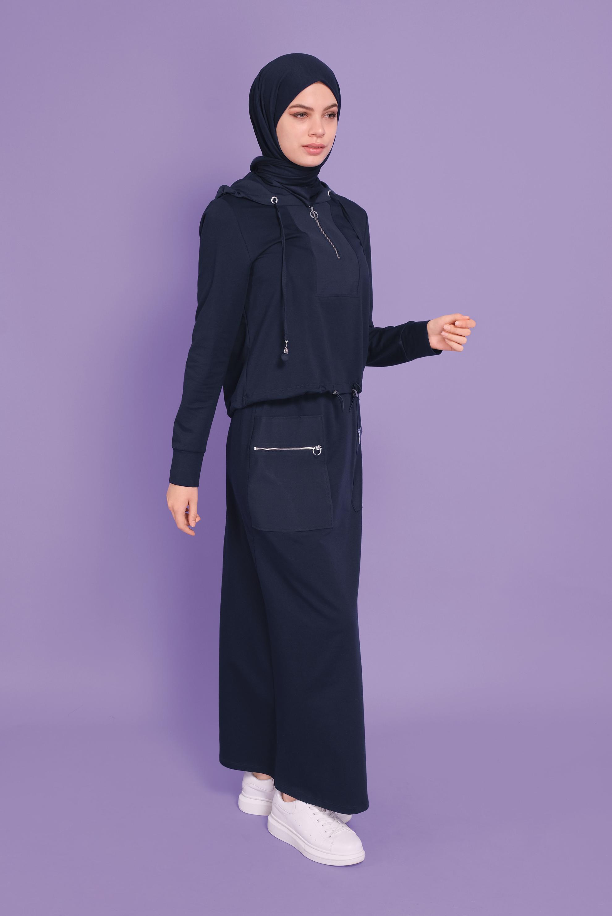 Tesettür giyim LACİVERT KAPÜŞONLU FERMUARLI İKİLİ ETEKLİ EŞOFMAN TAKIM 41456 