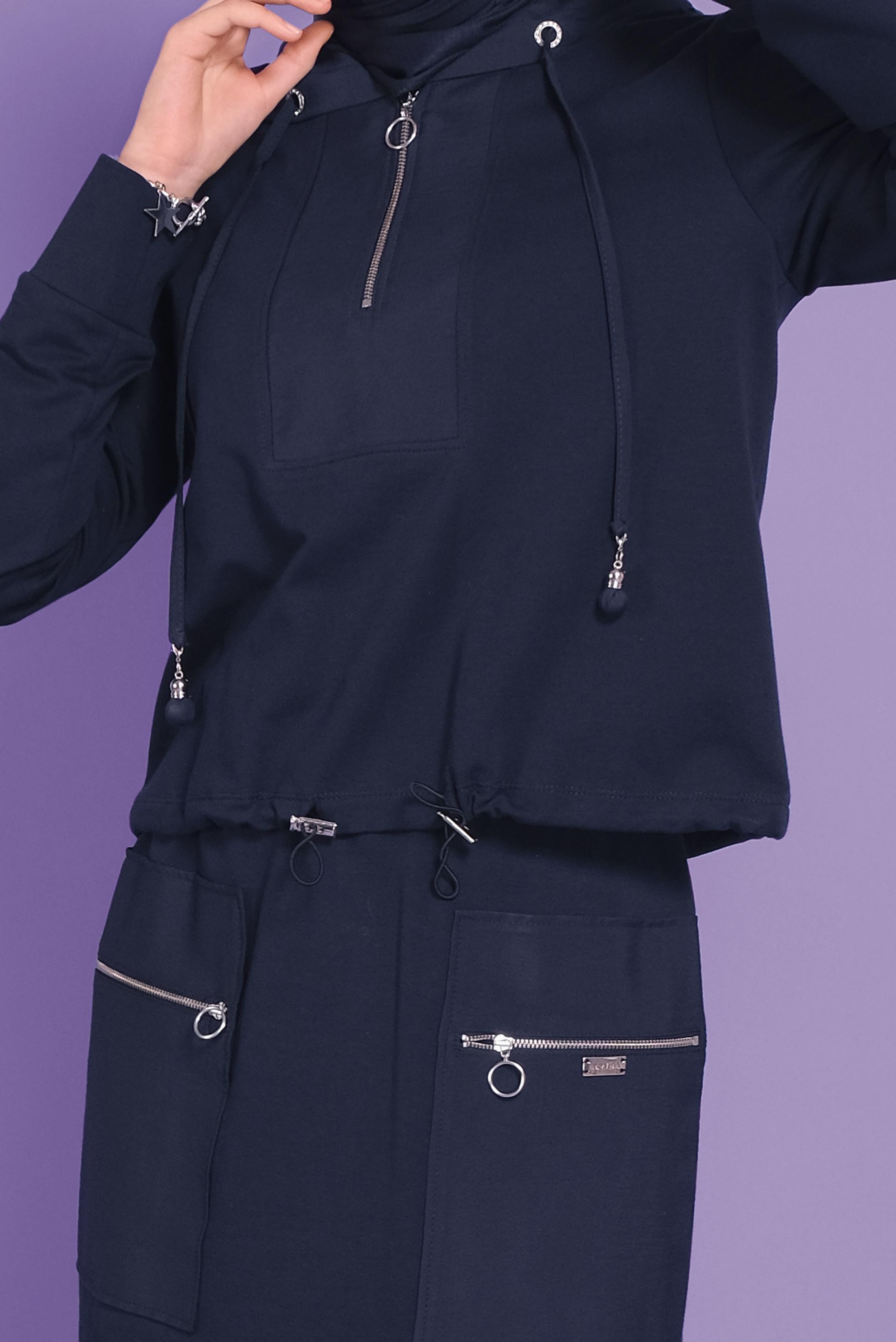 Tesettür giyim LACİVERT KAPÜŞONLU FERMUARLI İKİLİ ETEKLİ EŞOFMAN TAKIM 41456 