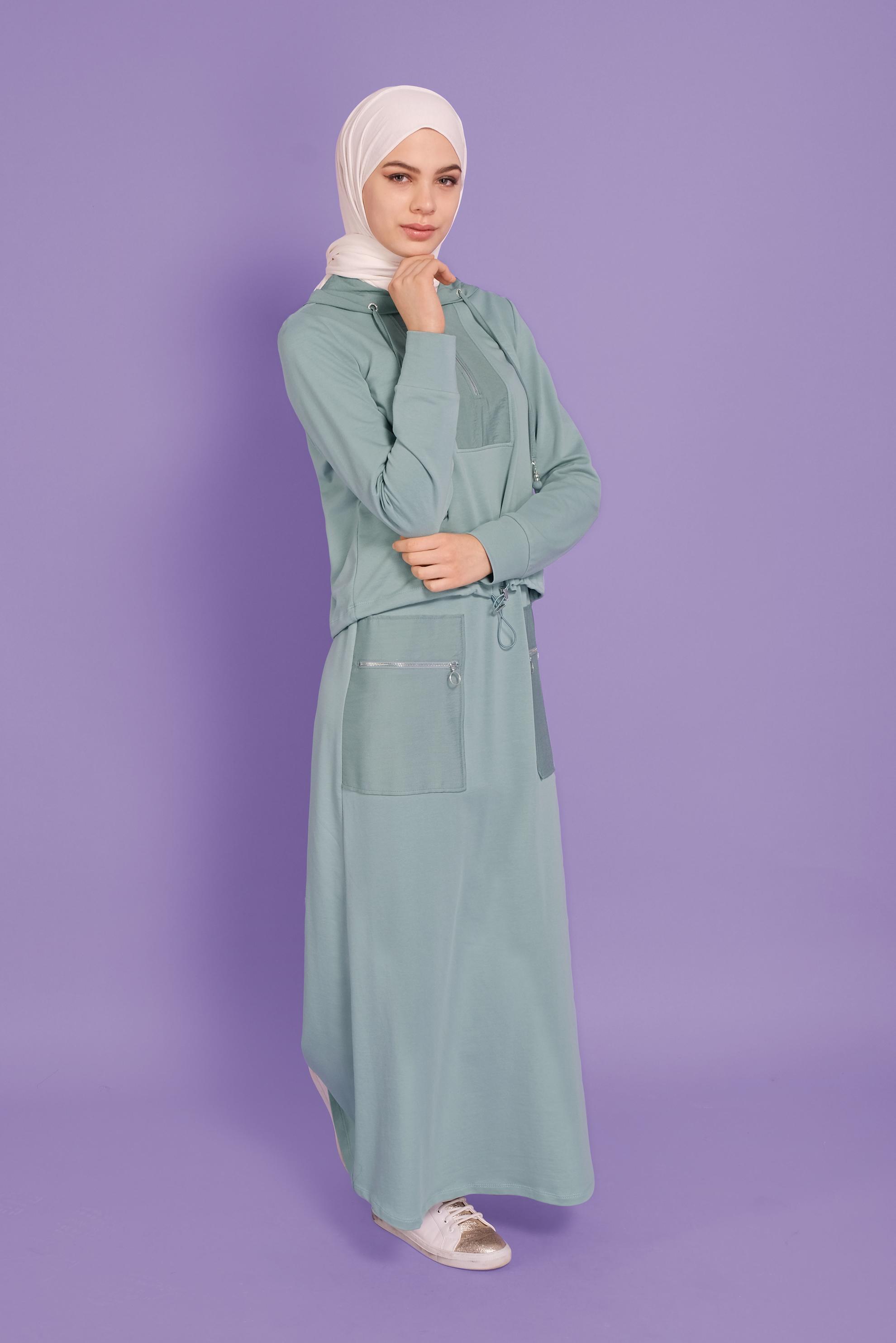 Tesettür giyim YEŞİL KAPÜŞONLU FERMUARLI İKİLİ ETEKLİ EŞOFMAN TAKIM 41456 