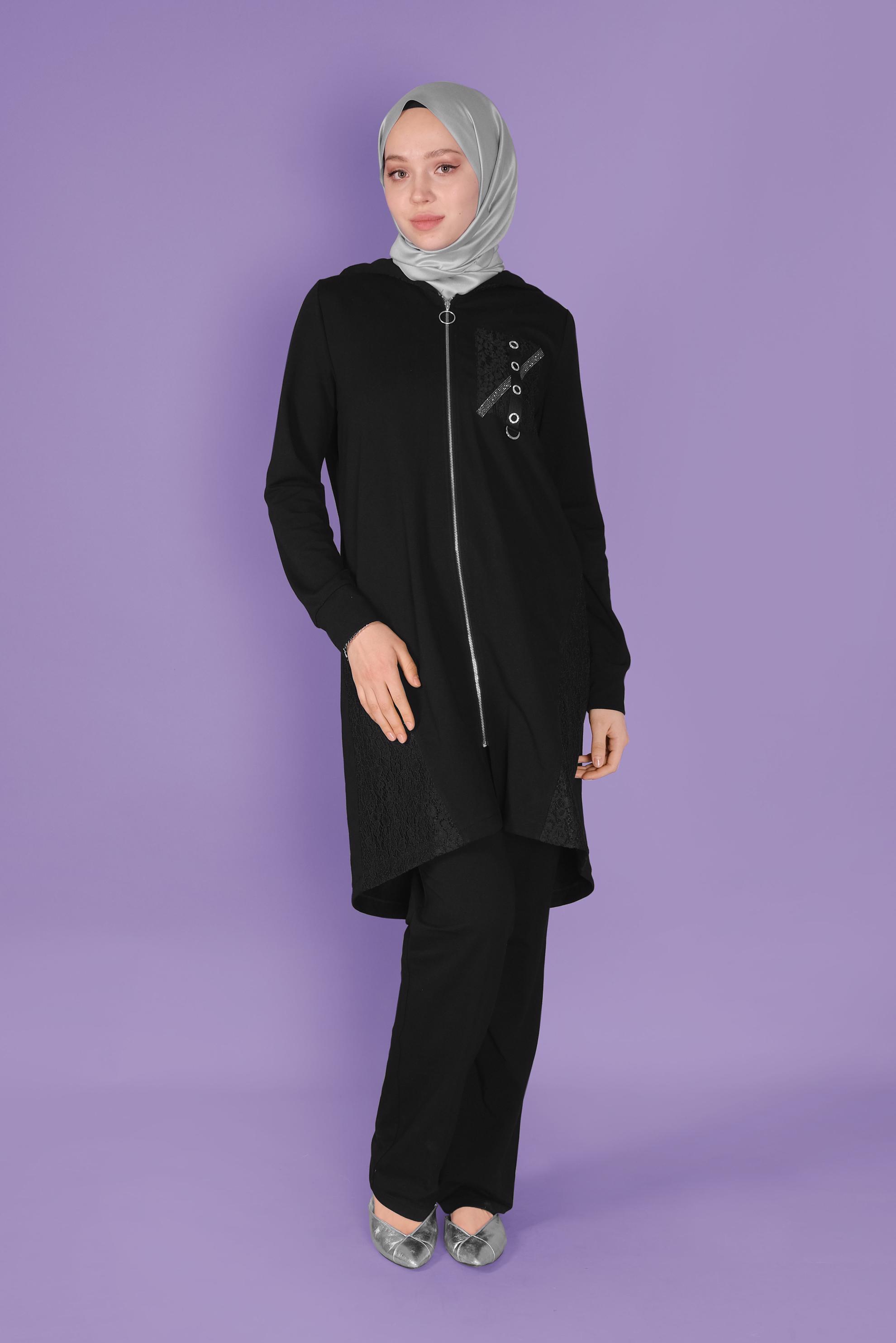 Tesettür giyim SİYAH TAŞLI DANTELLİ PANTOLONLU  EŞOFMAN TAKIM 41457 