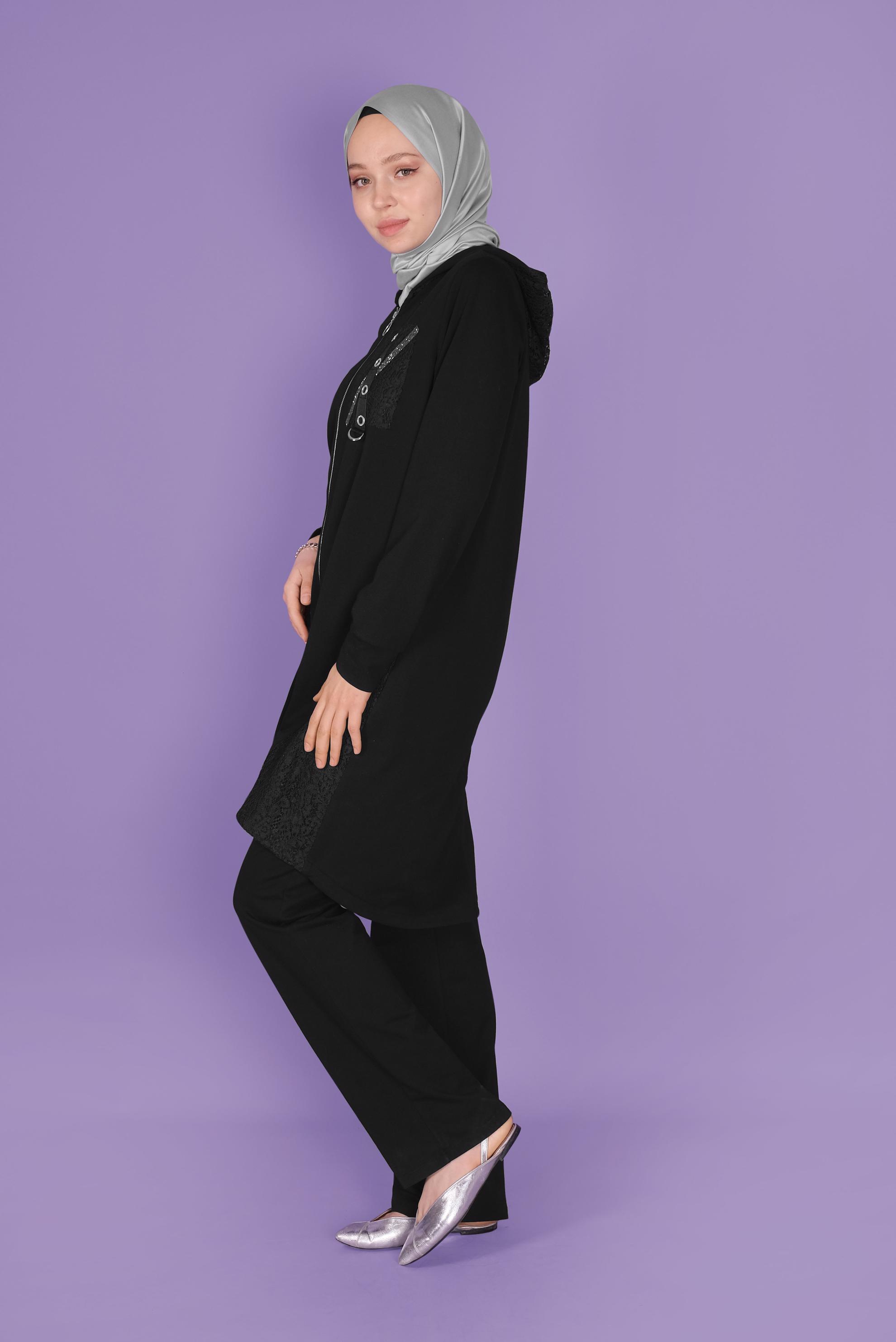 Tesettür giyim SİYAH TAŞLI DANTELLİ PANTOLONLU  EŞOFMAN TAKIM 41457 