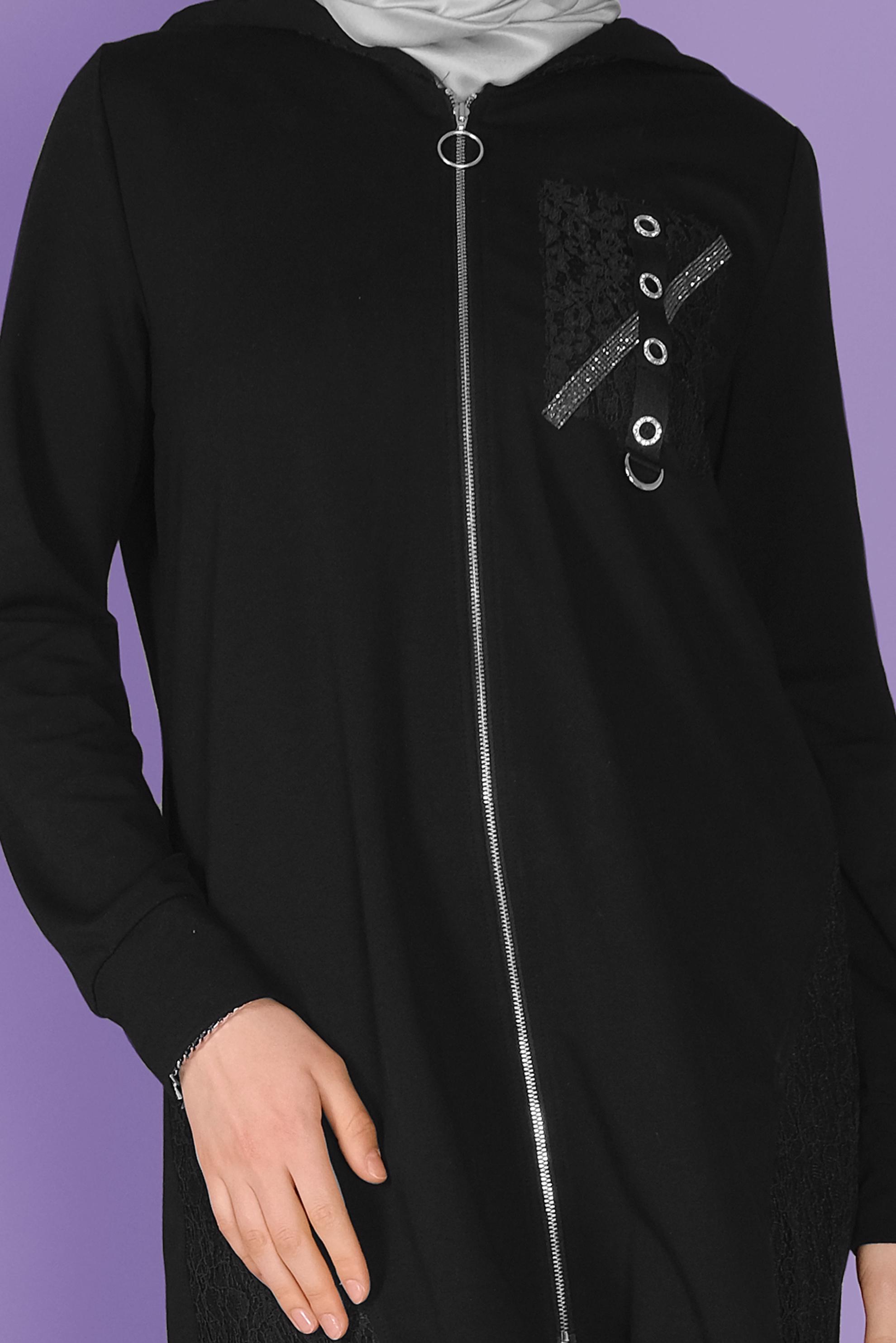 Tesettür giyim SİYAH TAŞLI DANTELLİ PANTOLONLU  EŞOFMAN TAKIM 41457 