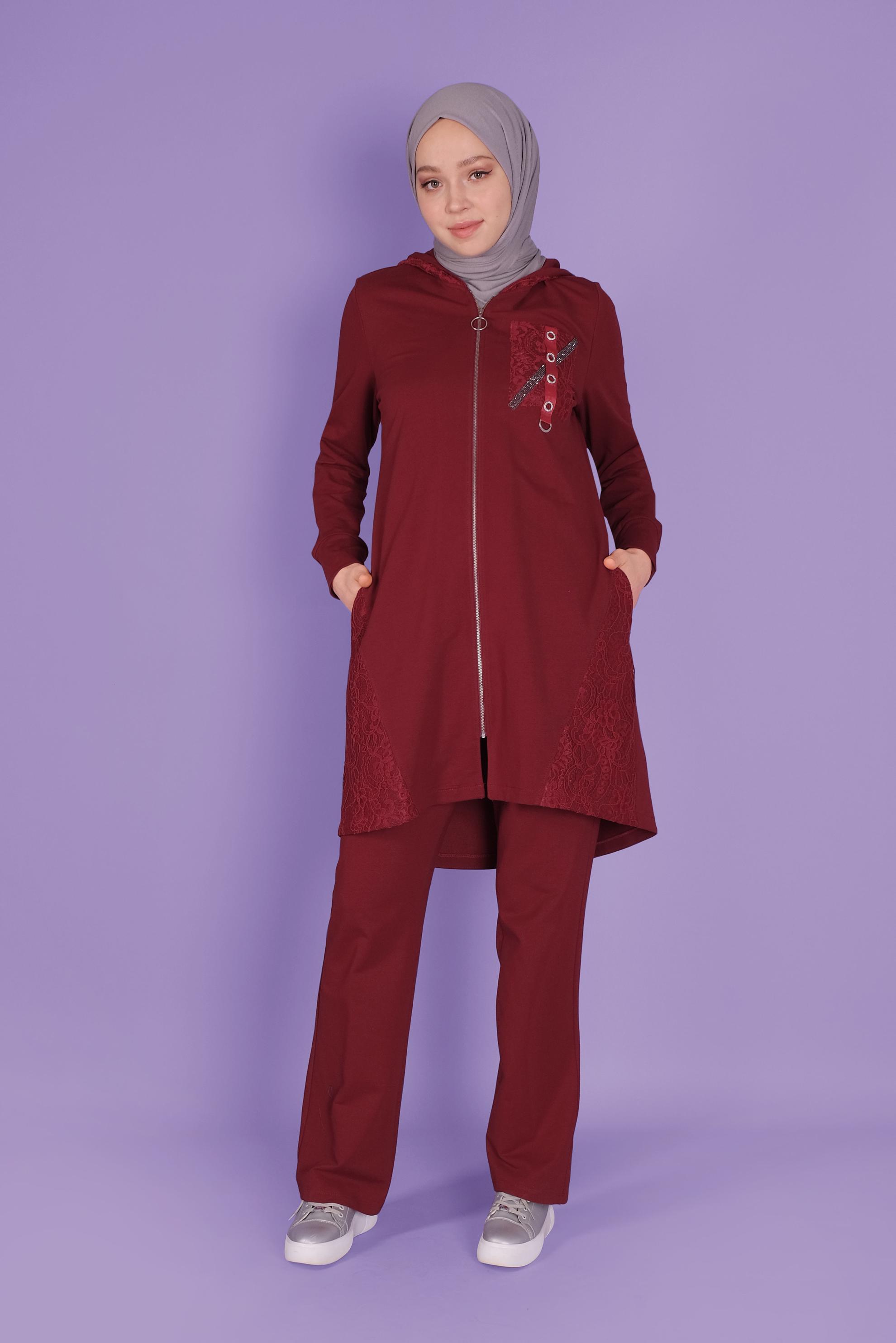 Tesettür giyim BORDO TAŞLI DANTELLİ PANTOLONLU  EŞOFMAN TAKIM 41457 