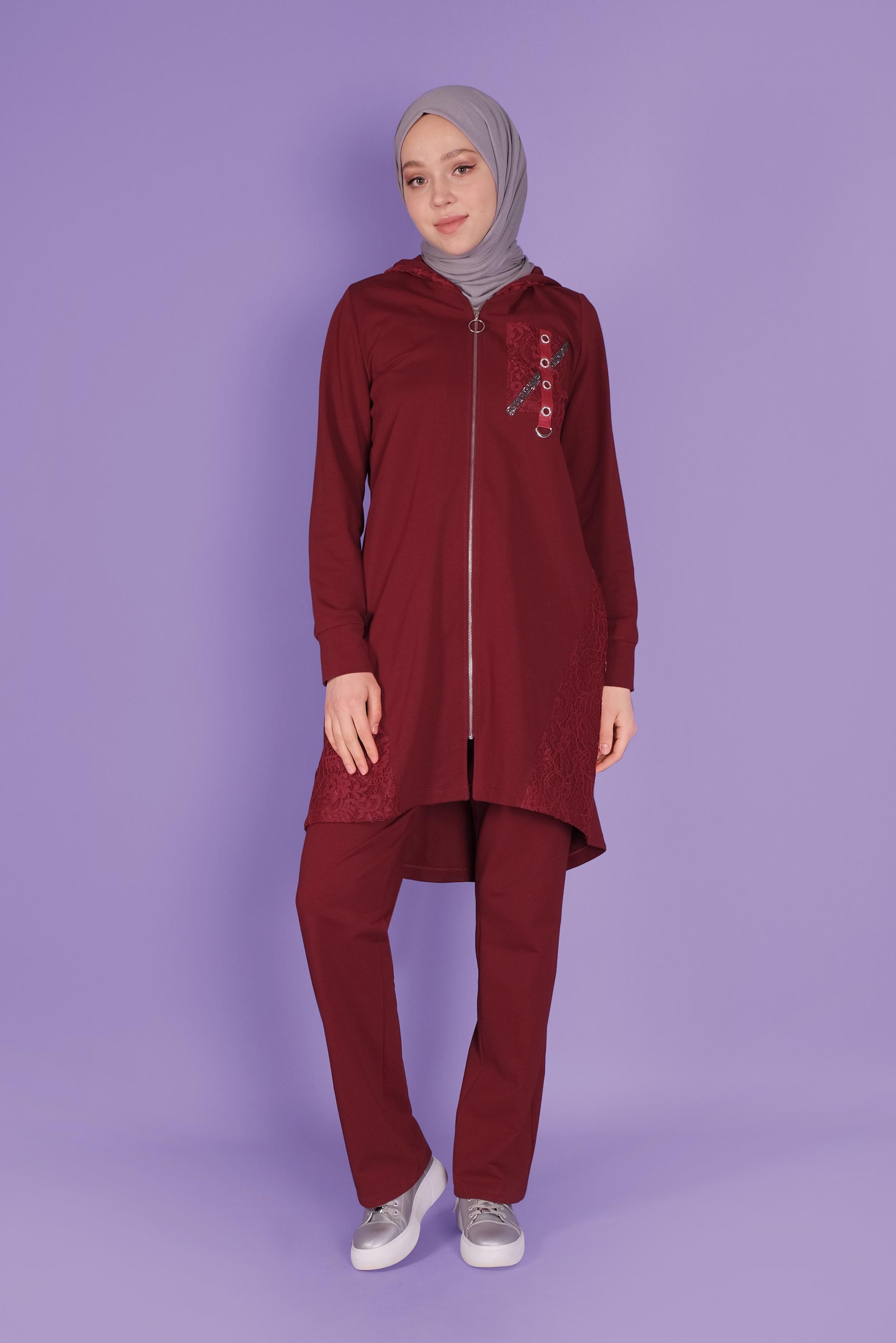 Tesettür giyim BORDO TAŞLI DANTELLİ PANTOLONLU  EŞOFMAN TAKIM 41457 