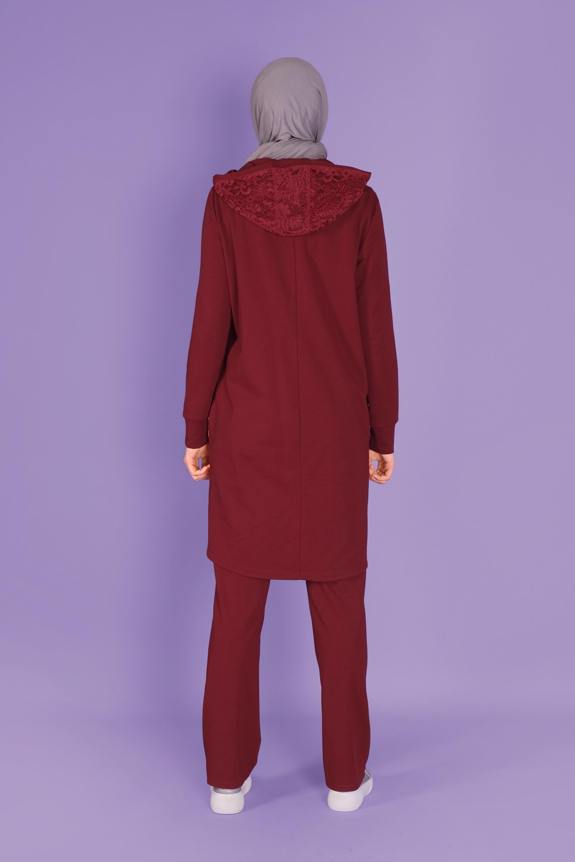 Tesettür giyim BORDO TAŞLI DANTELLİ PANTOLONLU  EŞOFMAN TAKIM 41457 