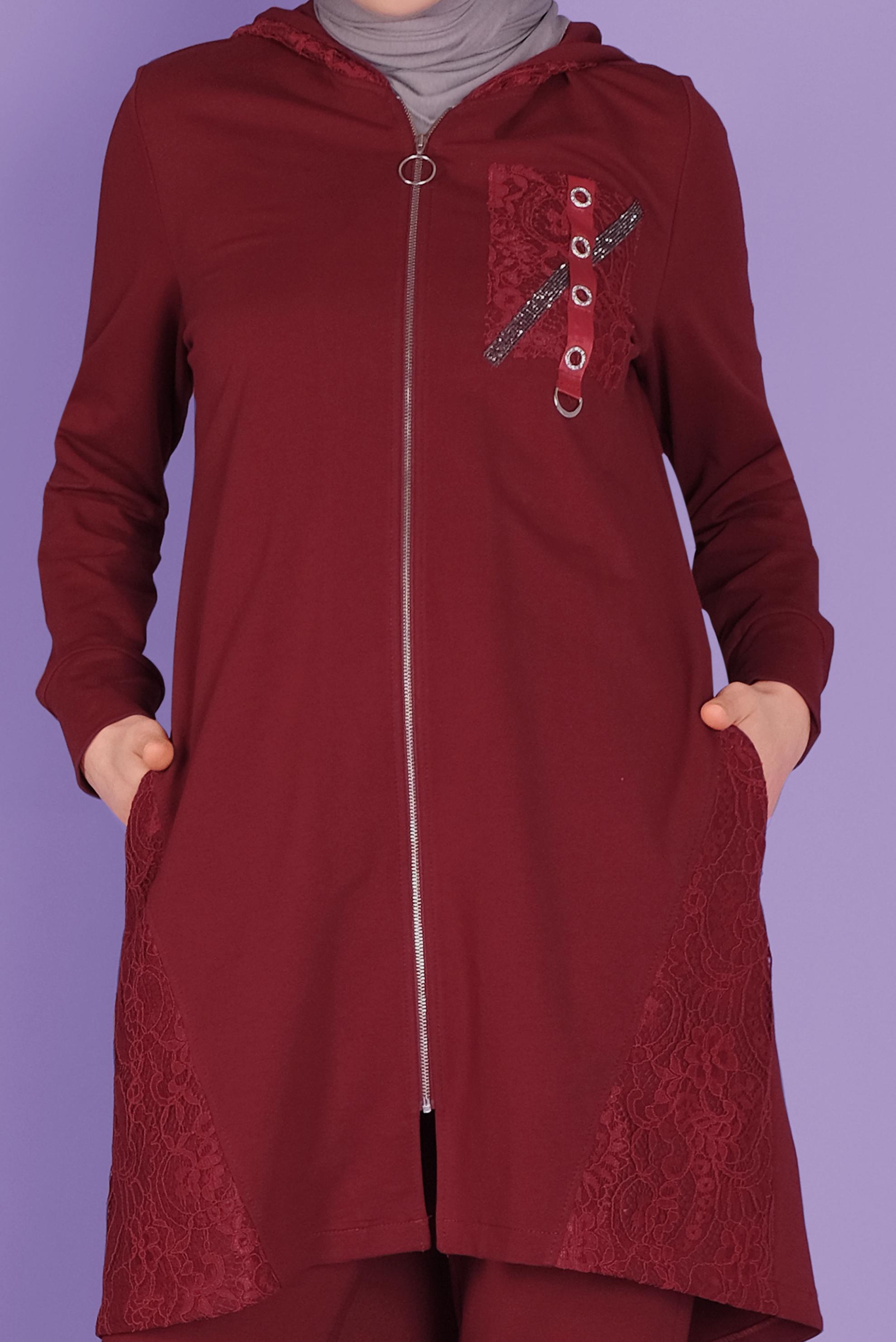 Tesettür giyim BORDO TAŞLI DANTELLİ PANTOLONLU  EŞOFMAN TAKIM 41457 
