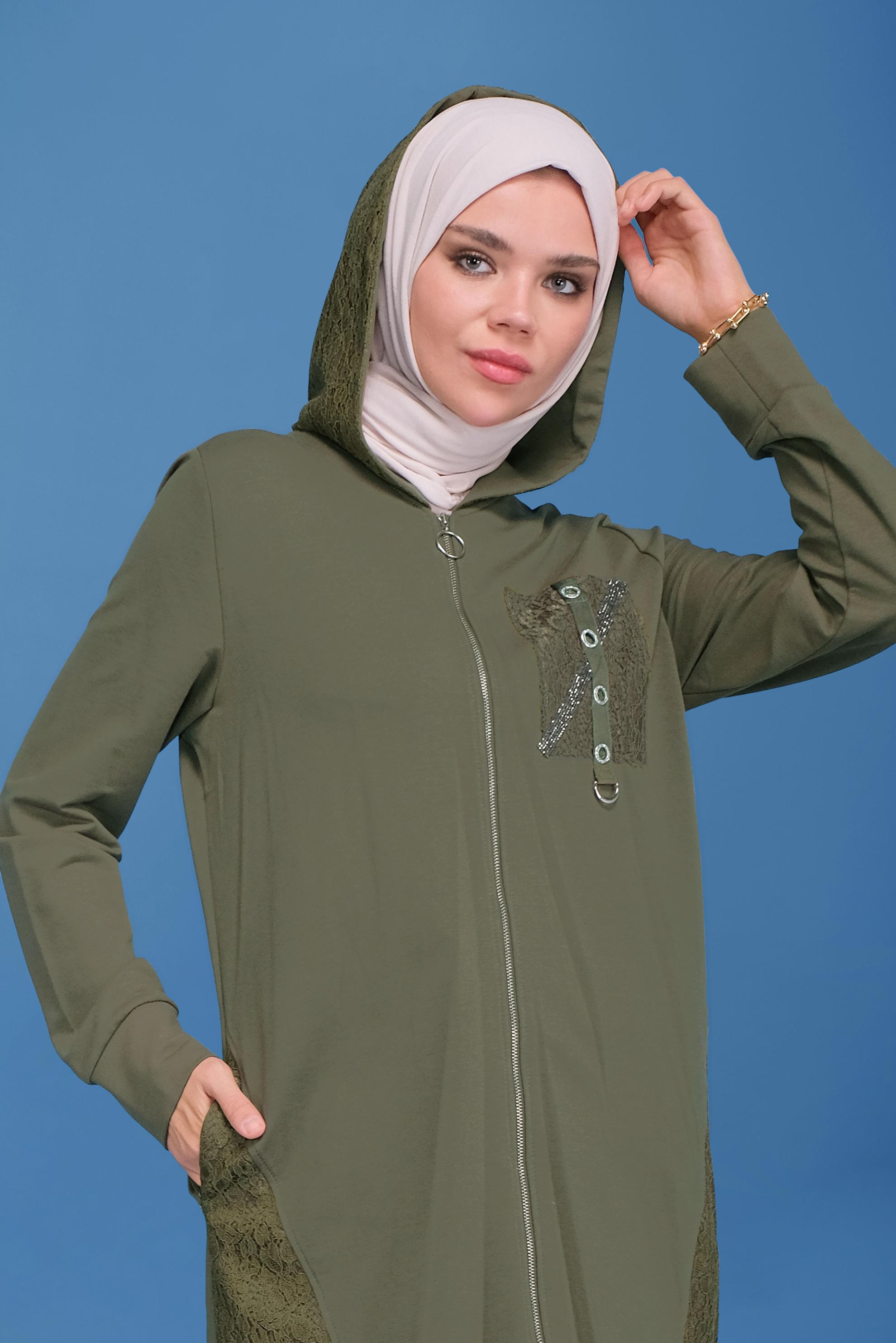 Tesettür giyim HAKİ TAŞLI DANTELLİ PANTOLONLU  EŞOFMAN TAKIM 41457 