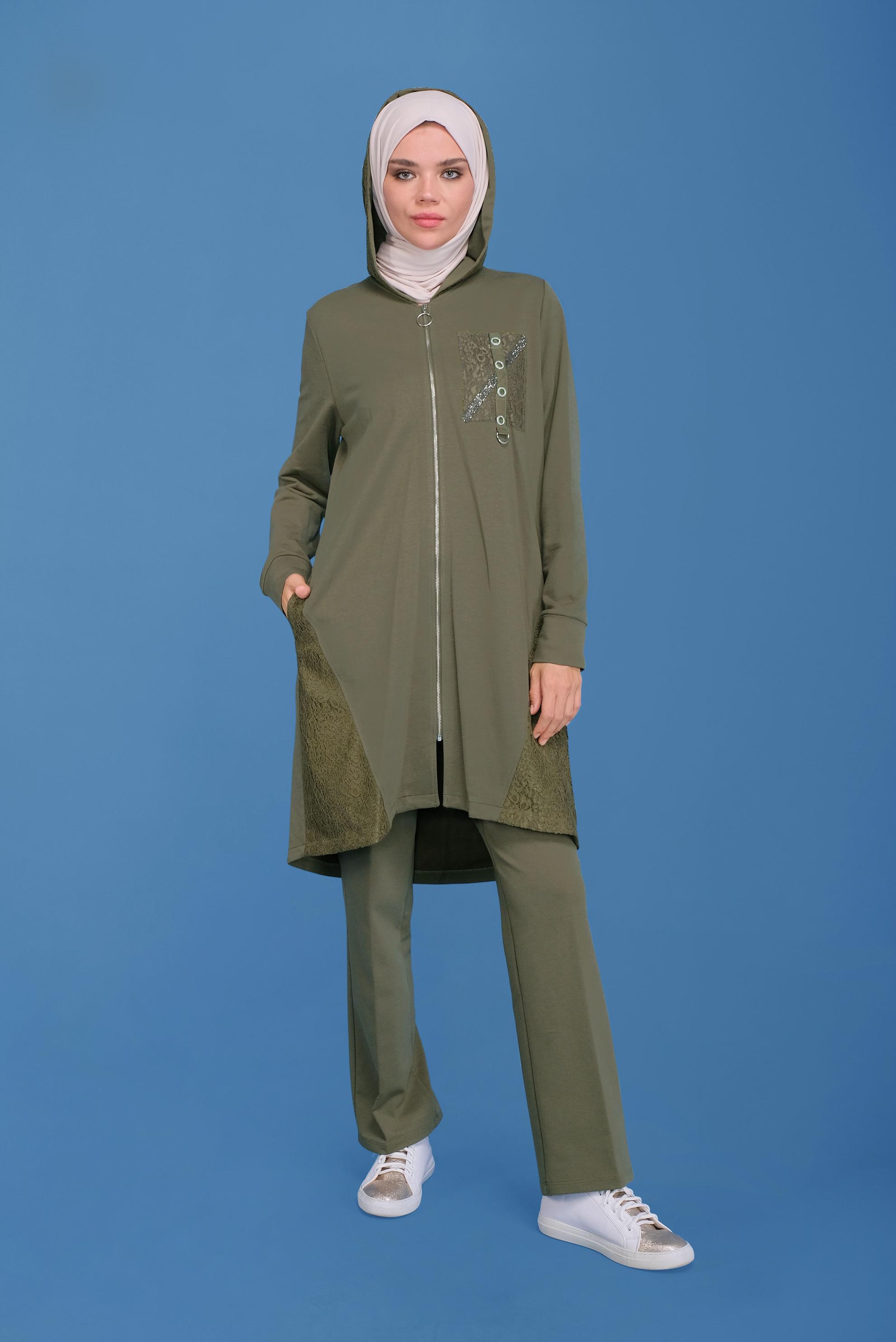 Tesettür giyim HAKİ TAŞLI DANTELLİ PANTOLONLU  EŞOFMAN TAKIM 41457 