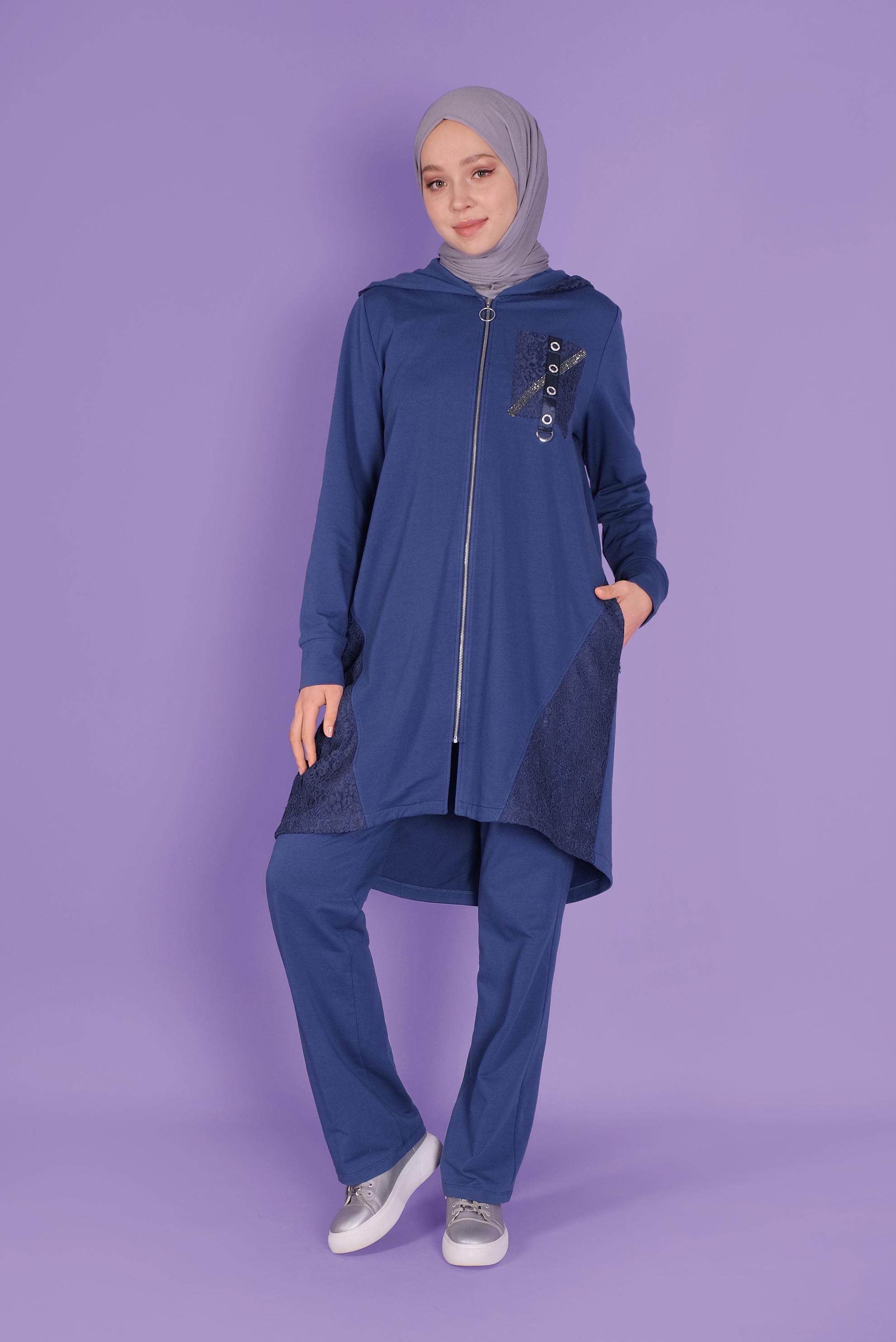 Tesettür giyim LACİVERT TAŞLI DANTELLİ PANTOLONLU  EŞOFMAN TAKIM 41457 