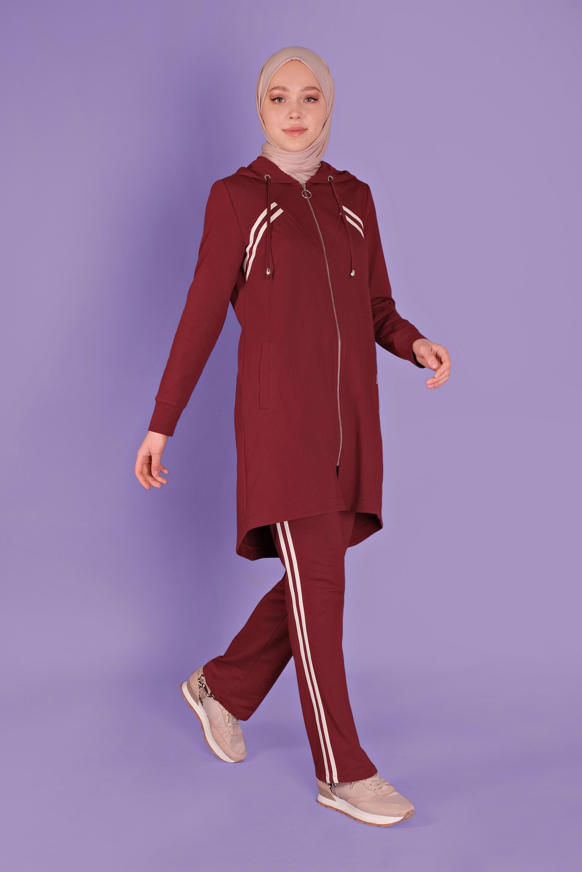 Tesettür giyim BORDO ŞERİT DETAYLI FERMUARLI PANTOLONLU  EŞOFMAN TAKIM 41458 