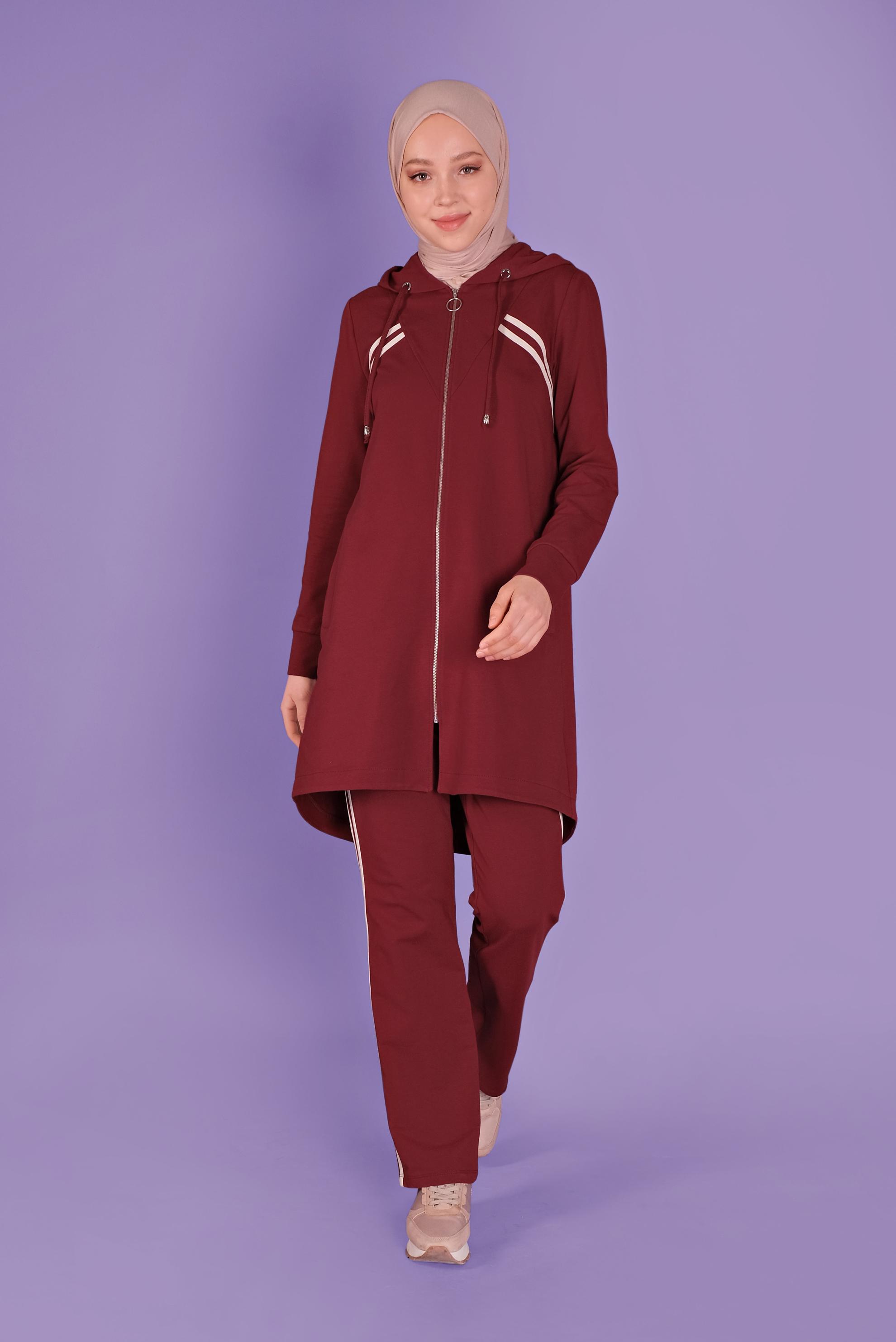 Tesettür giyim BORDO ŞERİT DETAYLI FERMUARLI PANTOLONLU  EŞOFMAN TAKIM 41458 