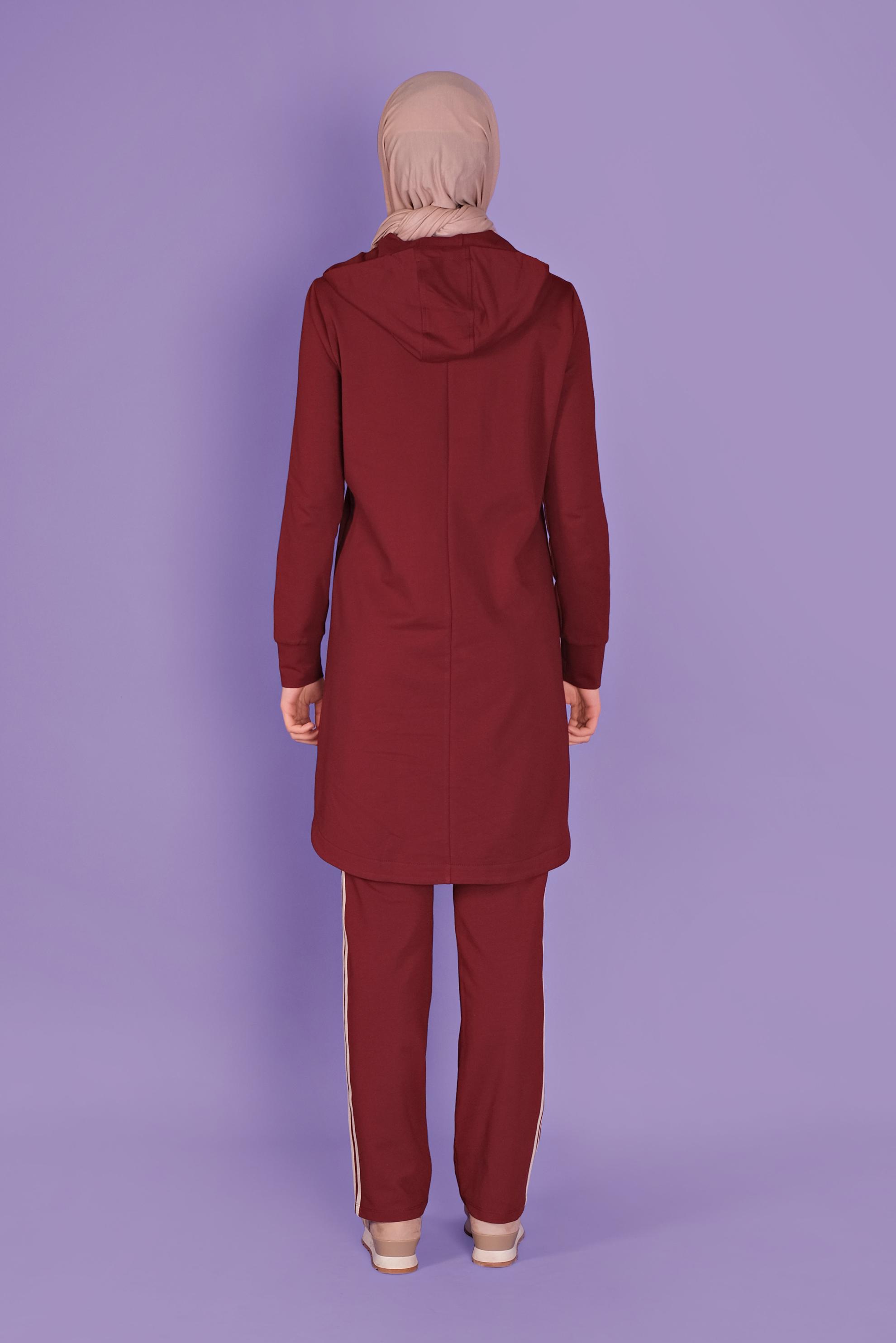 Tesettür giyim BORDO ŞERİT DETAYLI FERMUARLI PANTOLONLU  EŞOFMAN TAKIM 41458 