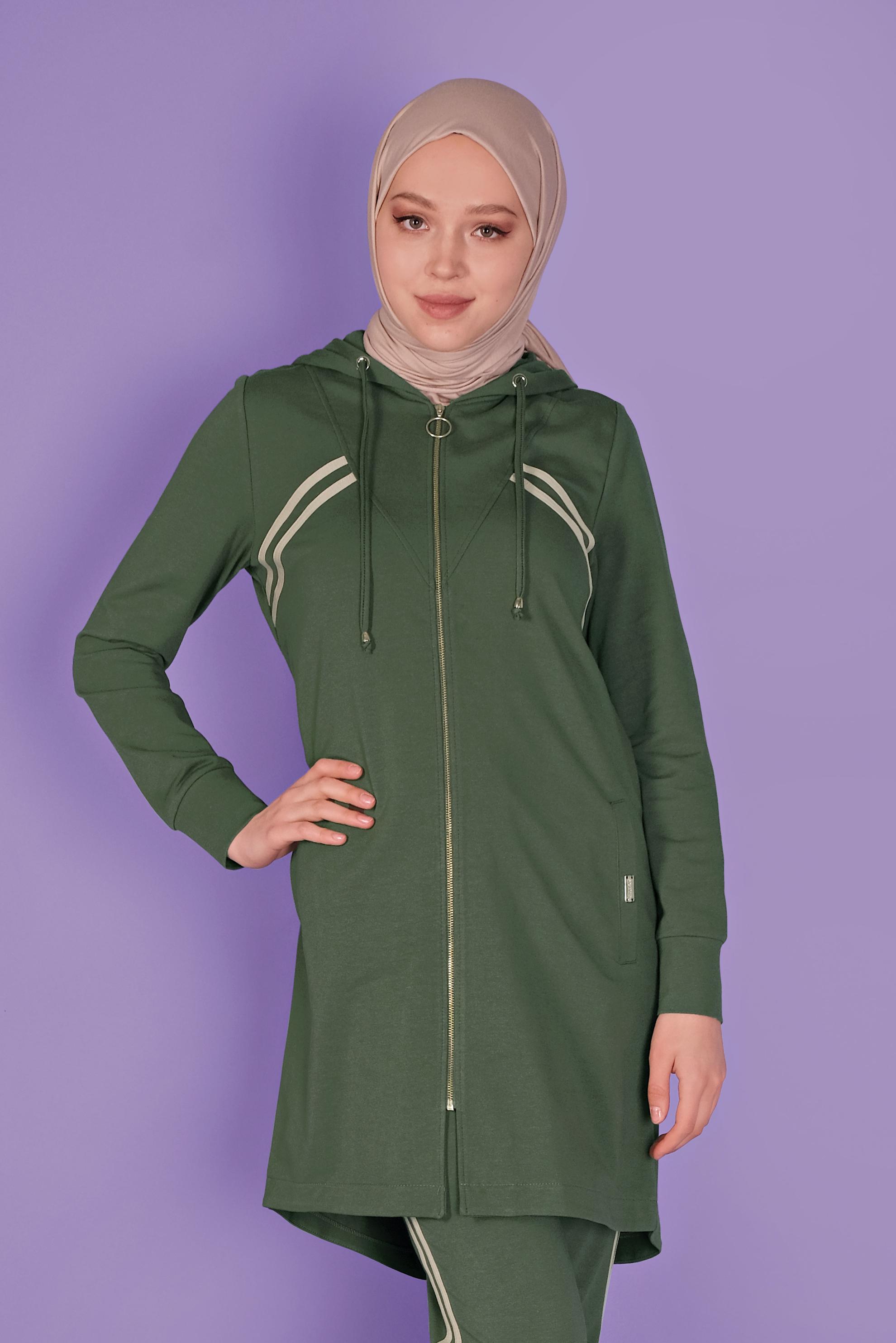 Tesettür giyim HAKİ ŞERİT DETAYLI FERMUARLI PANTOLONLU  EŞOFMAN TAKIM 41458 