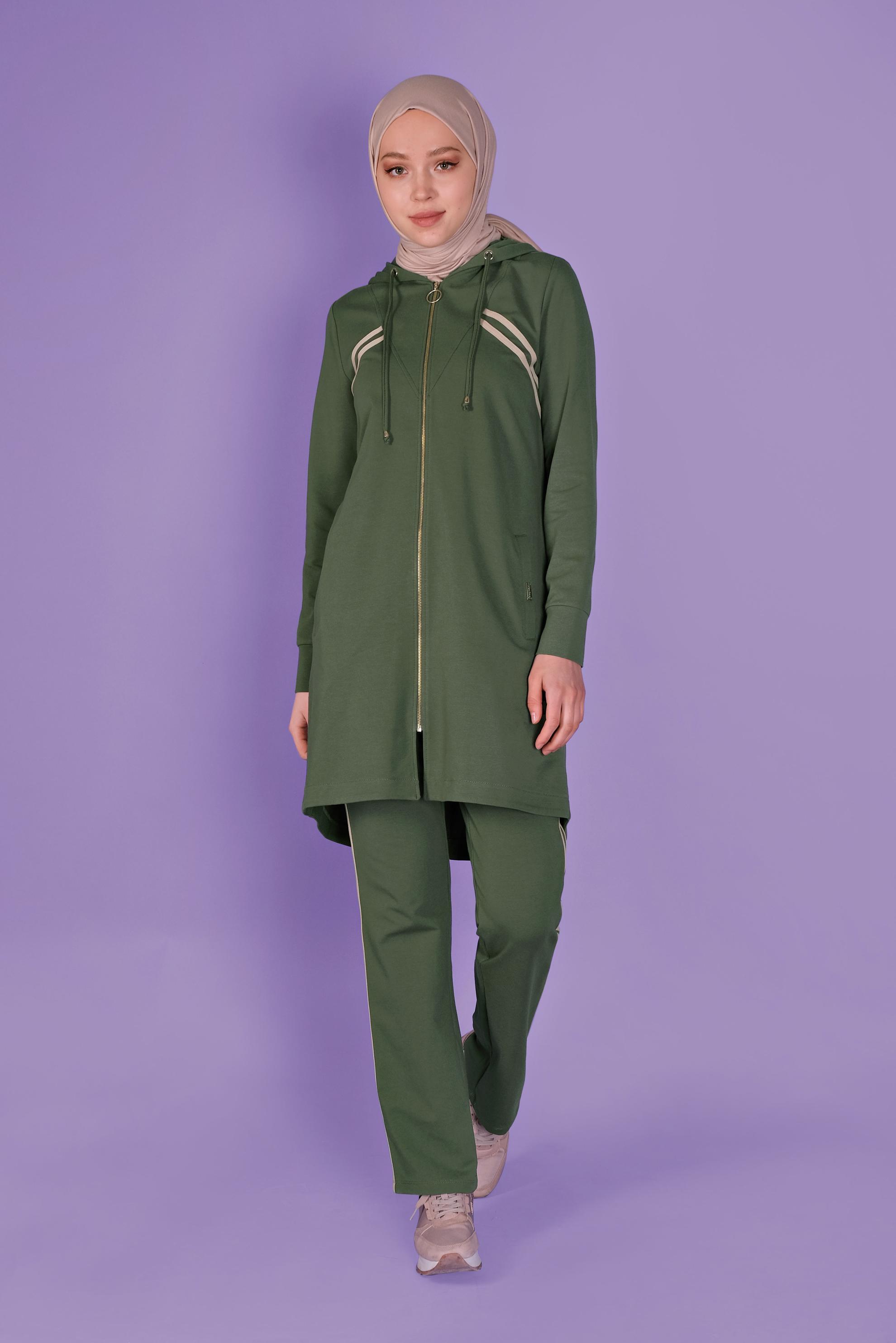 Tesettür giyim HAKİ ŞERİT DETAYLI FERMUARLI PANTOLONLU  EŞOFMAN TAKIM 41458 