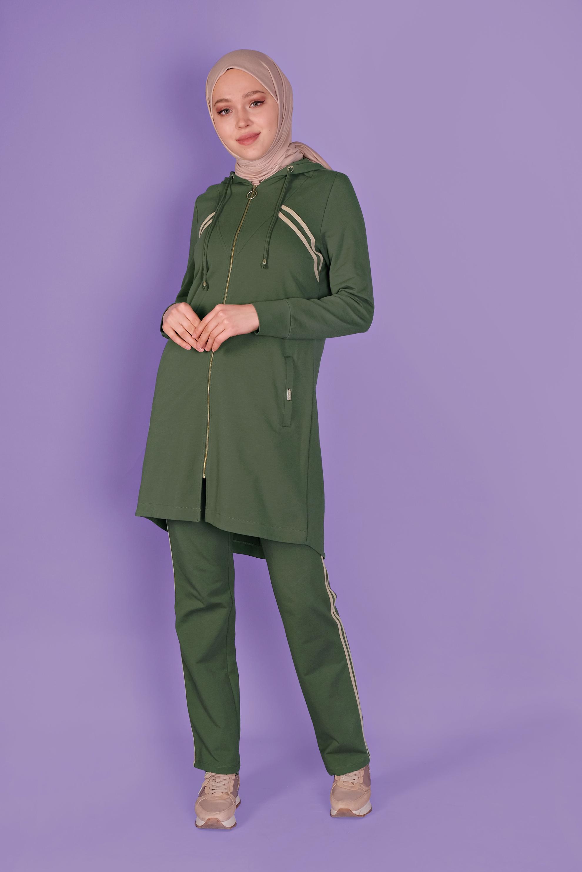 Tesettür giyim HAKİ ŞERİT DETAYLI FERMUARLI PANTOLONLU  EŞOFMAN TAKIM 41458 