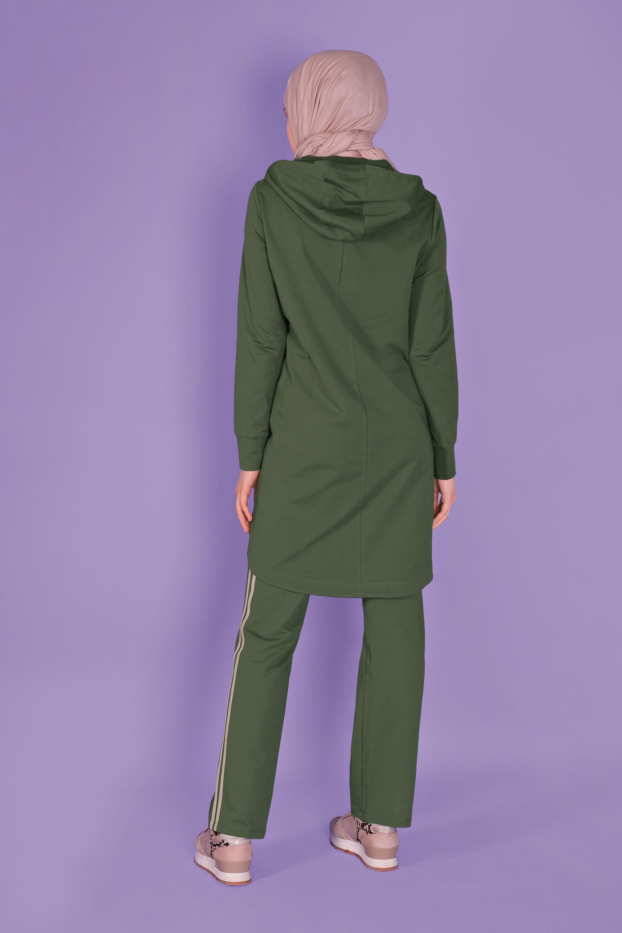 Tesettür giyim HAKİ ŞERİT DETAYLI FERMUARLI PANTOLONLU  EŞOFMAN TAKIM 41458 