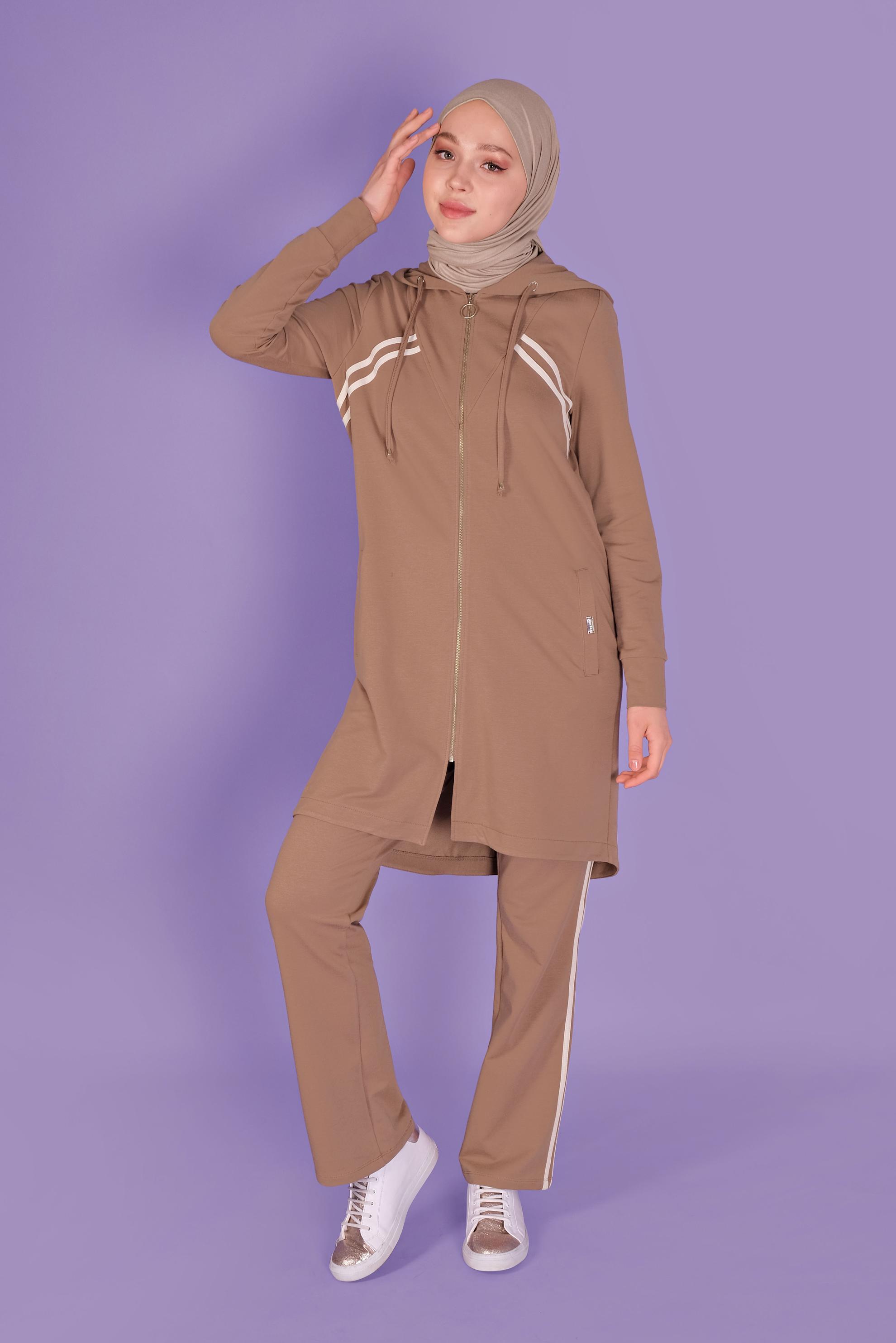 Tesettür giyim KAHVE ŞERİT DETAYLI FERMUARLI PANTOLONLU  EŞOFMAN TAKIM 41458 