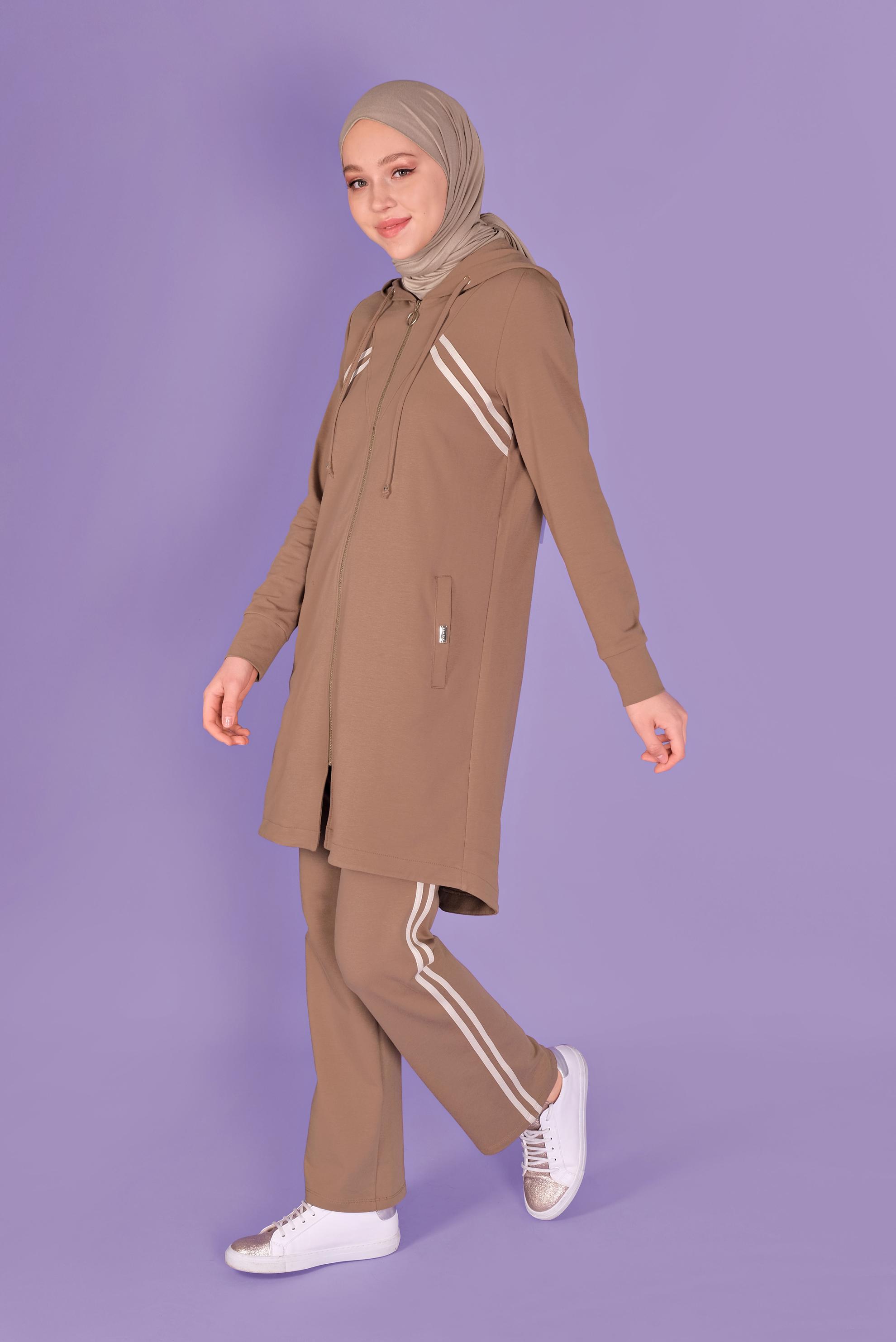 Tesettür giyim KAHVE ŞERİT DETAYLI FERMUARLI PANTOLONLU  EŞOFMAN TAKIM 41458 
