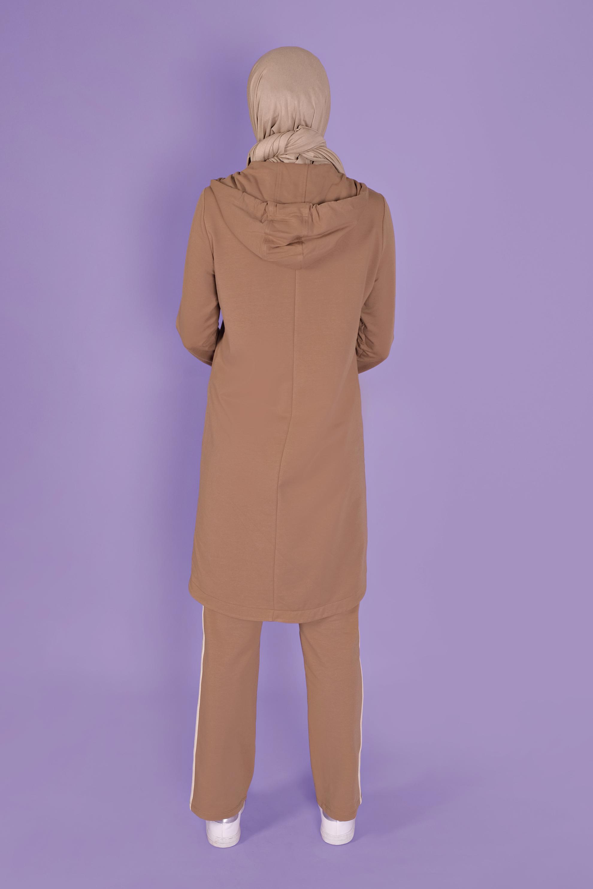 Tesettür giyim KAHVE ŞERİT DETAYLI FERMUARLI PANTOLONLU  EŞOFMAN TAKIM 41458 