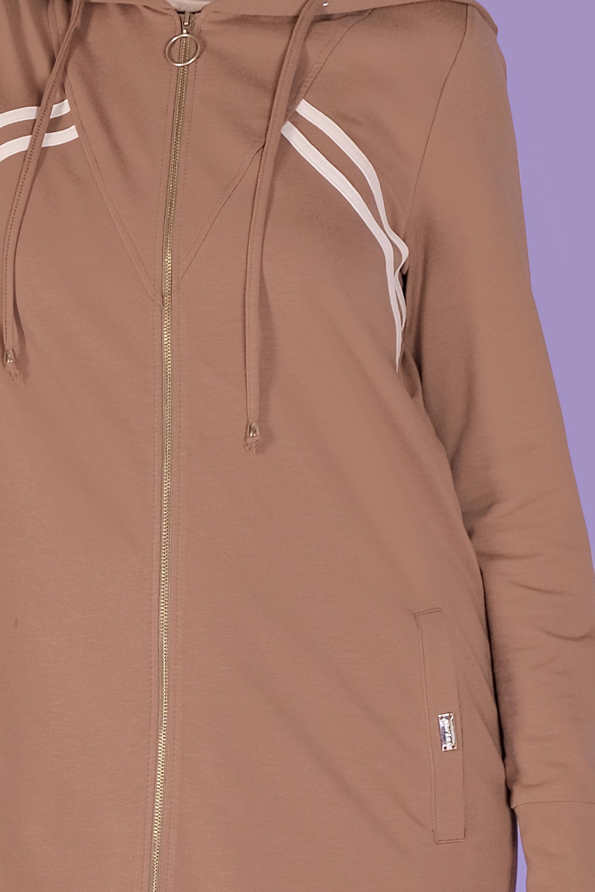 Tesettür giyim KAHVE ŞERİT DETAYLI FERMUARLI PANTOLONLU  EŞOFMAN TAKIM 41458 