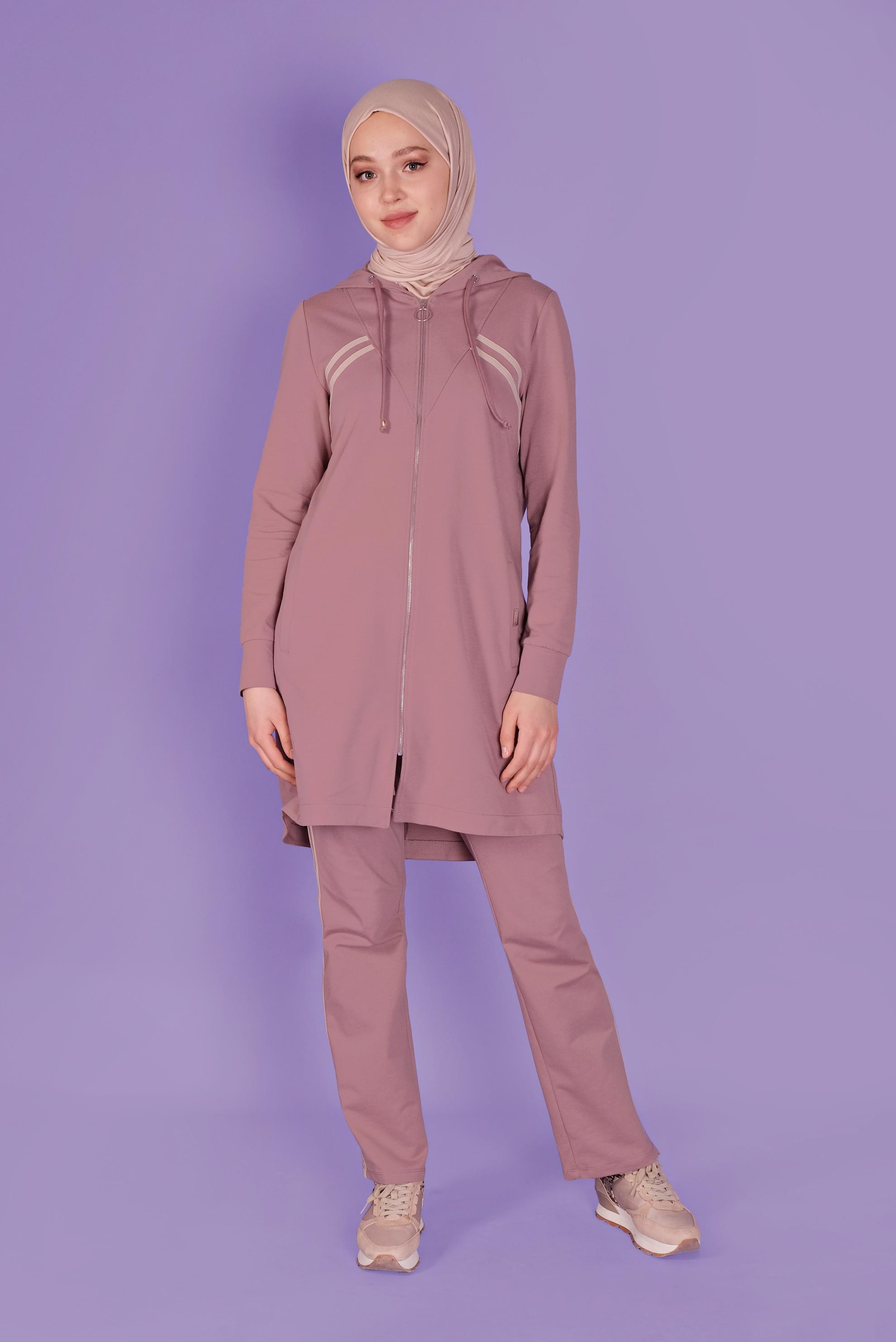 Tesettür giyim PEMBE ŞERİT DETAYLI FERMUARLI PANTOLONLU  EŞOFMAN TAKIM 41458 