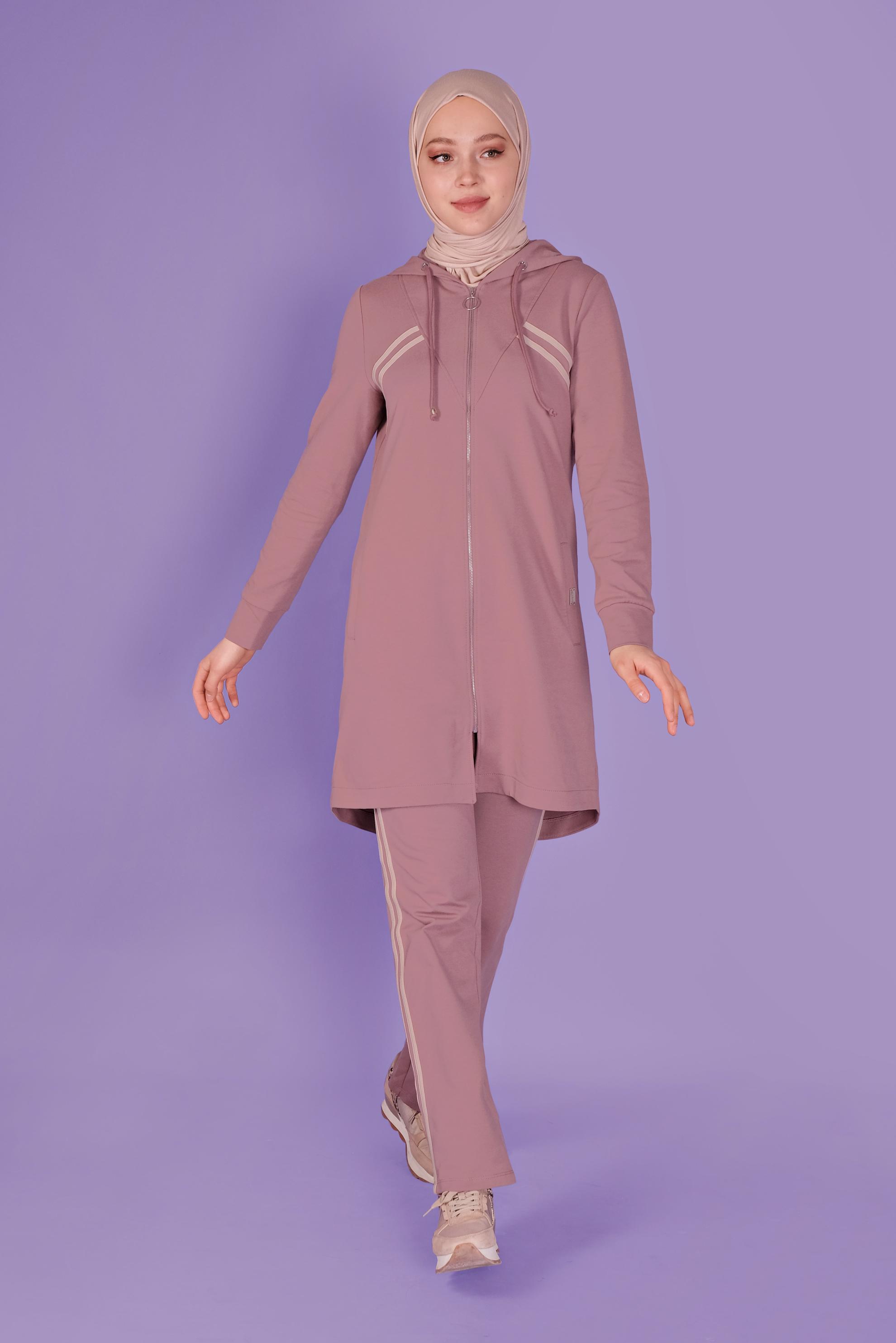 Tesettür giyim PEMBE ŞERİT DETAYLI FERMUARLI PANTOLONLU  EŞOFMAN TAKIM 41458 