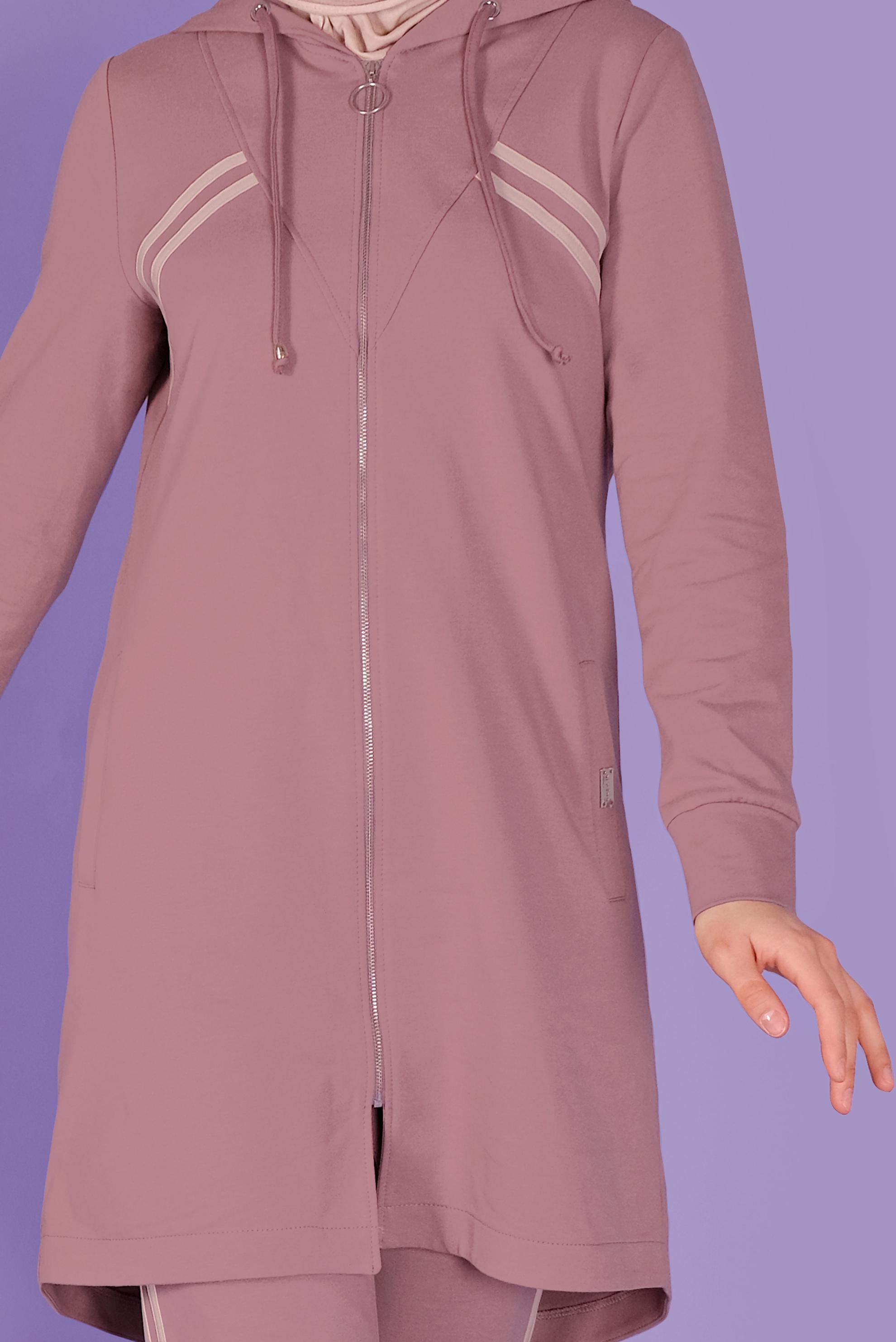 Tesettür giyim PEMBE ŞERİT DETAYLI FERMUARLI PANTOLONLU  EŞOFMAN TAKIM 41458 