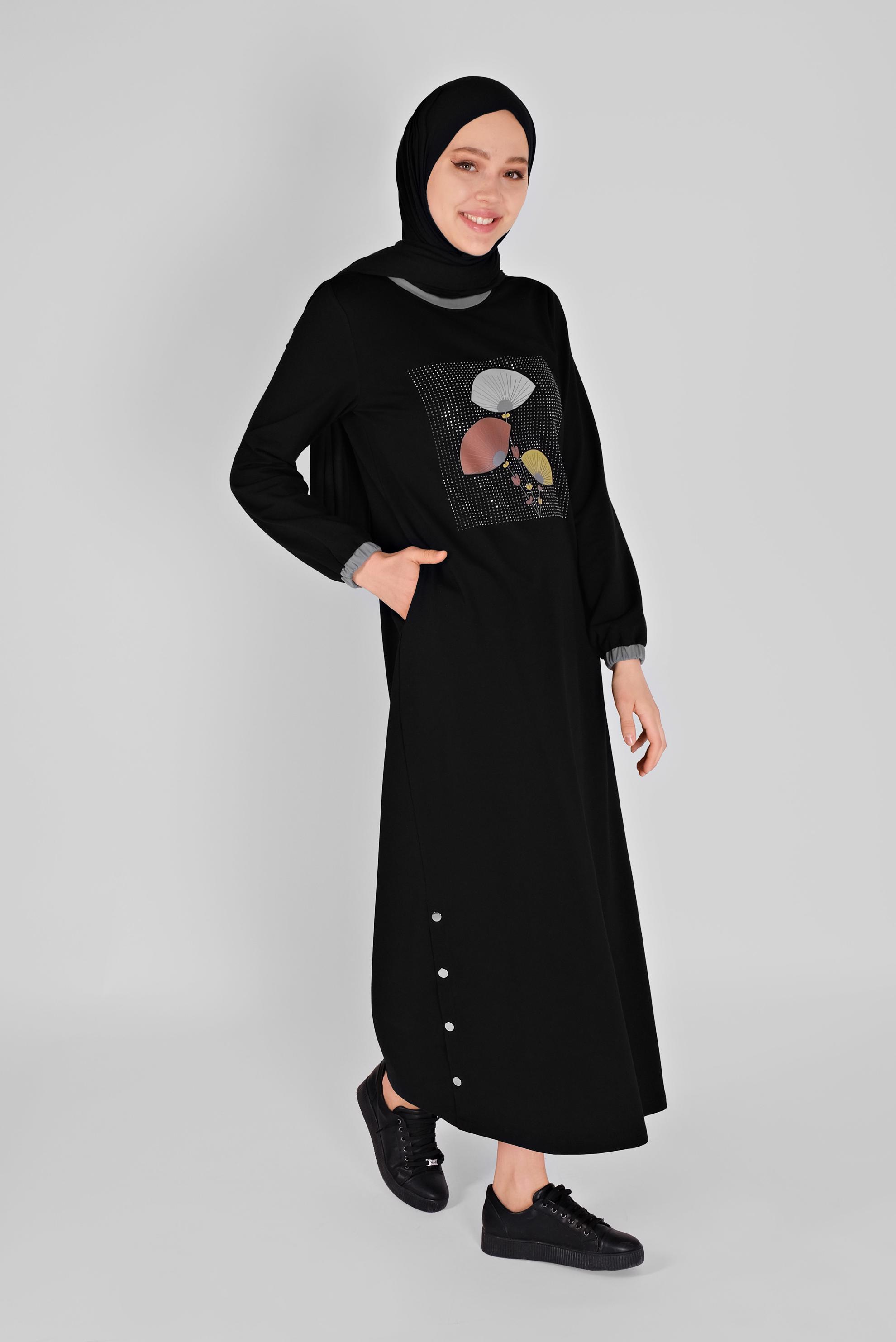 Tesettür giyim SİYAH ÇİÇEK BASKILI EŞOFMAN ELBİSE 41459 