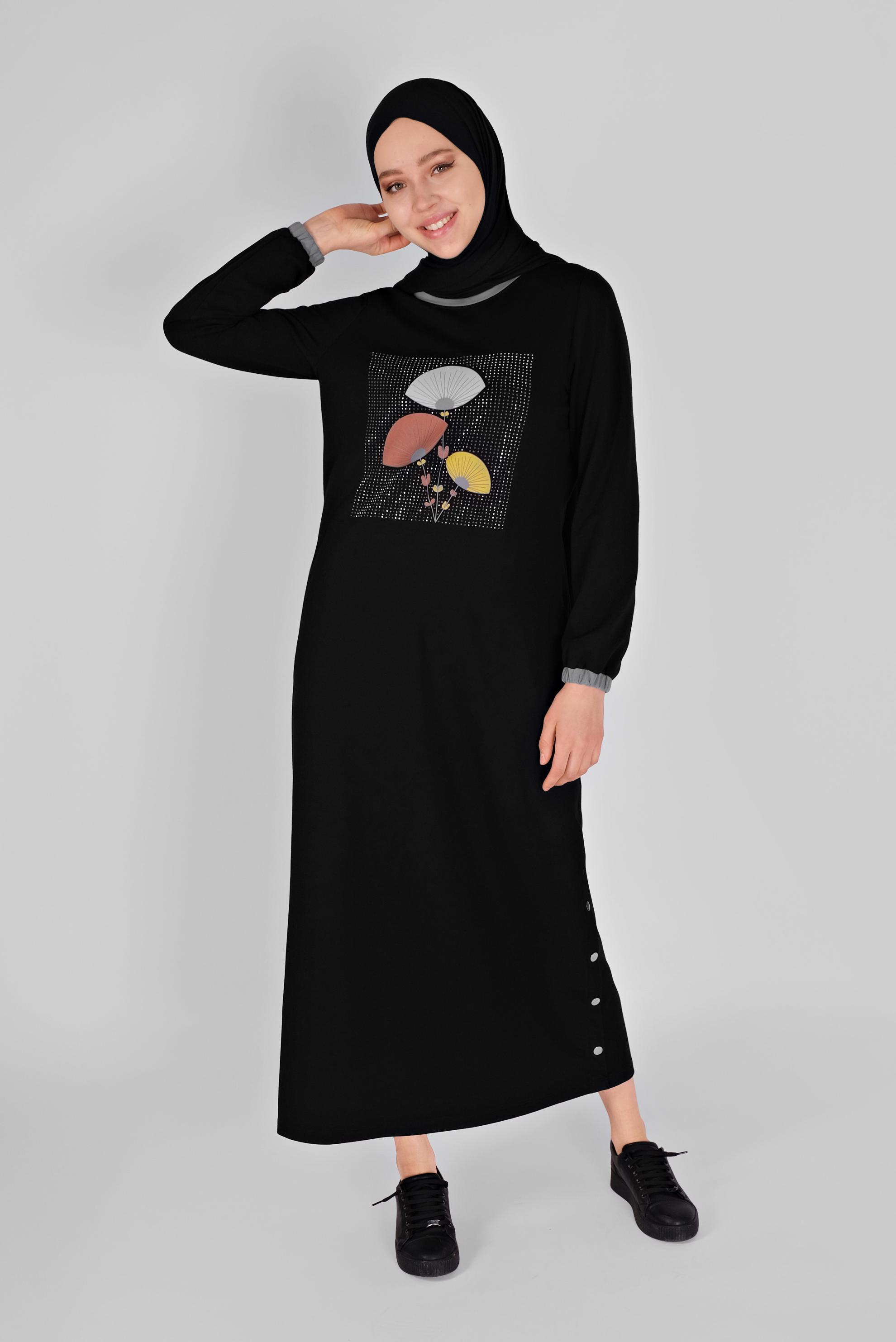 Tesettür giyim SİYAH ÇİÇEK BASKILI EŞOFMAN ELBİSE 41459 