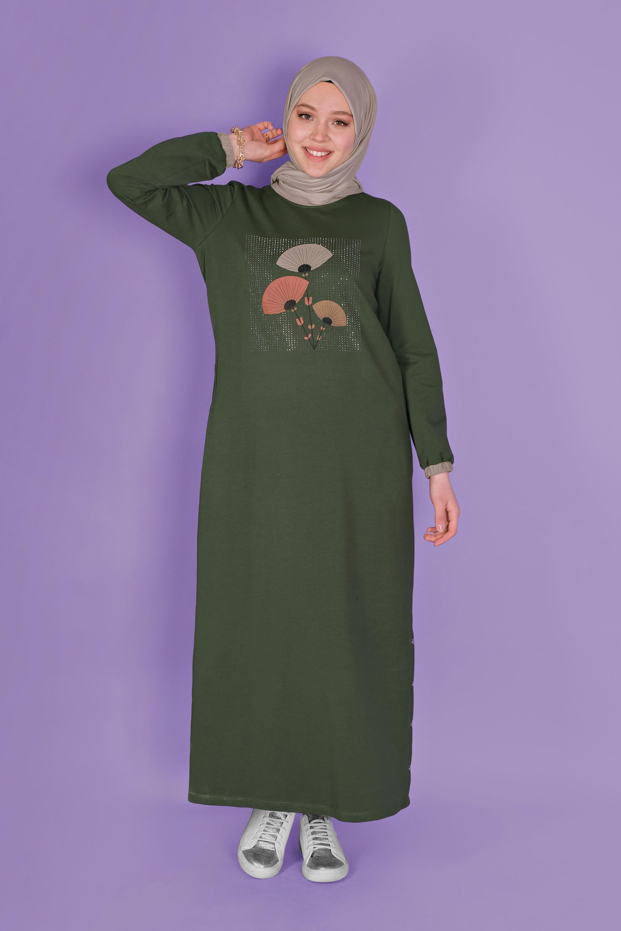 Hijab clothing KHAKI FLORAL TRACKSUIT DRESS 41459 
