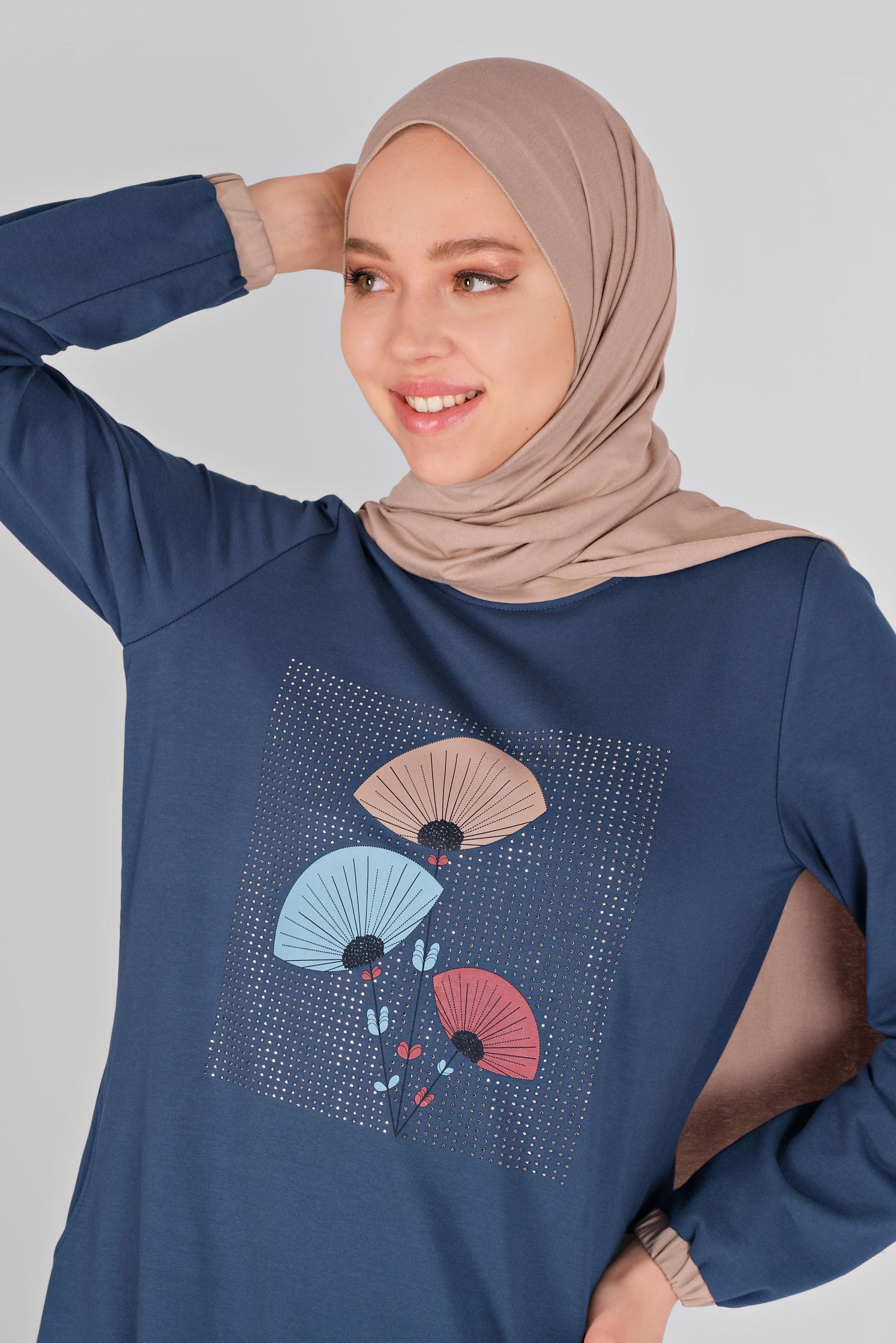 Hijab clothing NAVY BLUE FLORAL TRACKSUIT DRESS 41459 