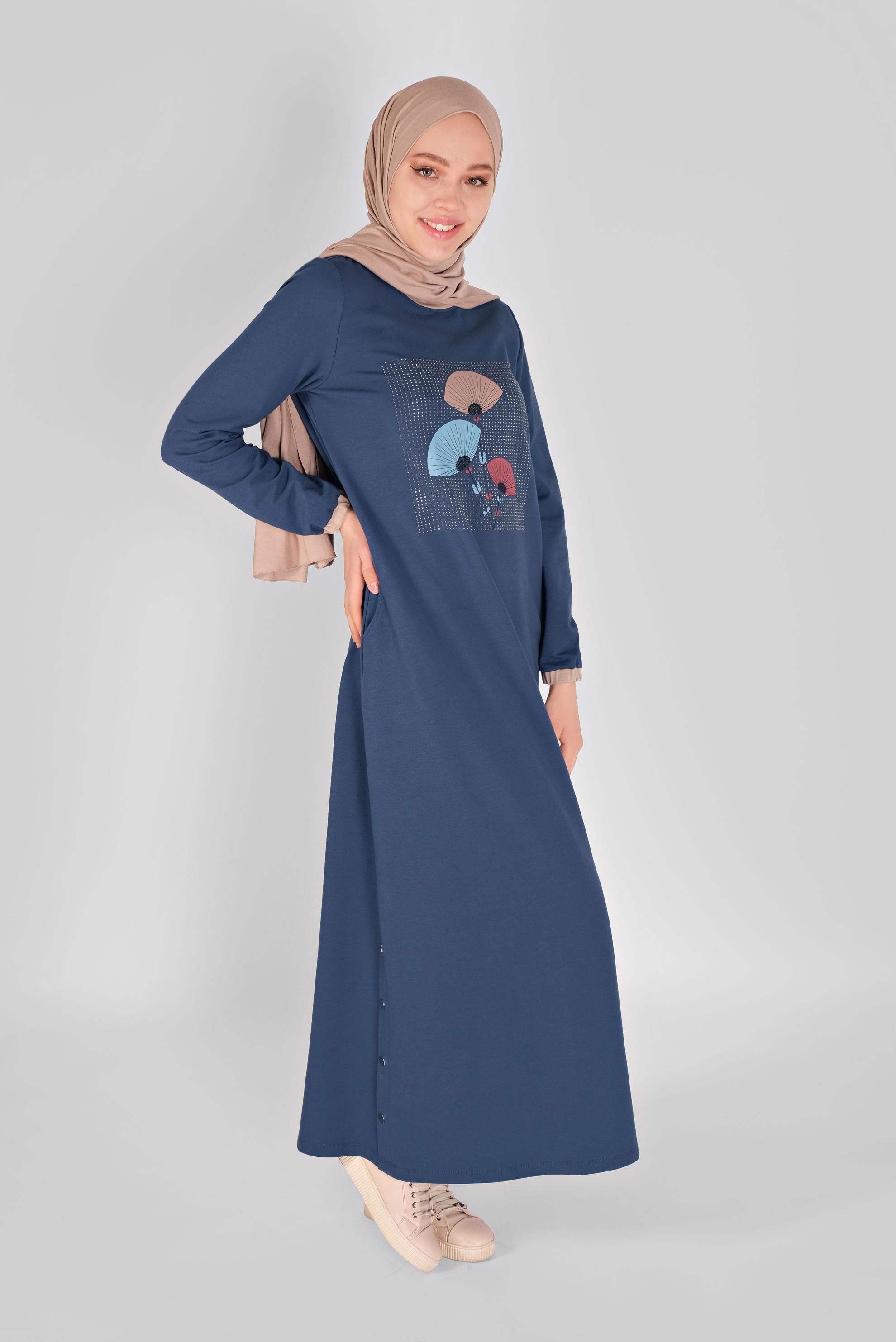 Hijab clothing NAVY BLUE FLORAL TRACKSUIT DRESS 41459 