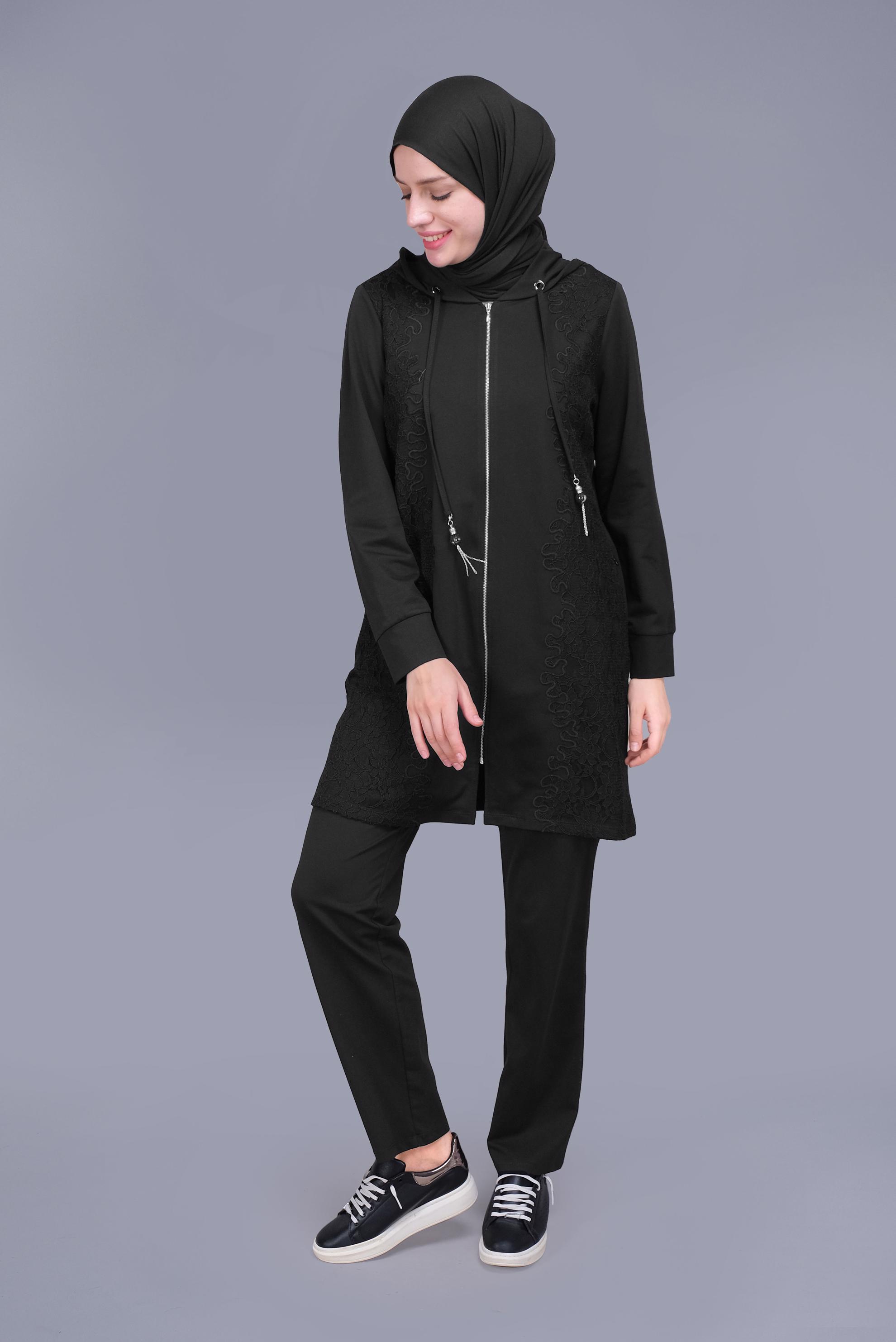 Tesettür giyim SİYAH PAMUKLU DANTELLİ PANTOLONLU TAKIM 41460