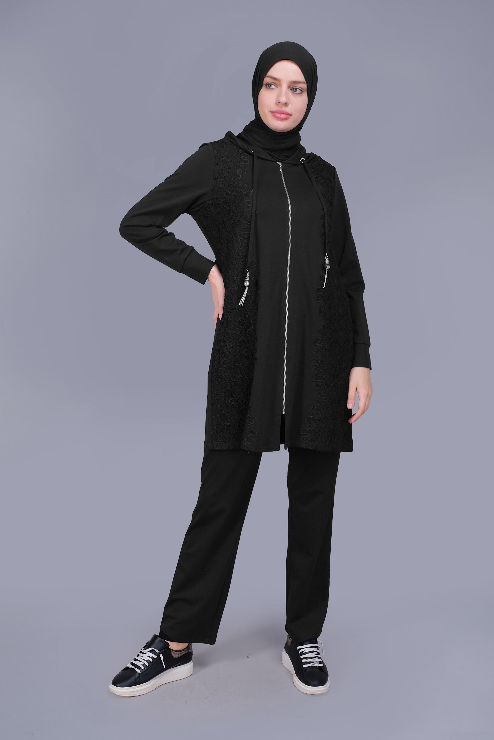 Tesettür giyim SİYAH PAMUKLU DANTELLİ PANTOLONLU TAKIM 41460
