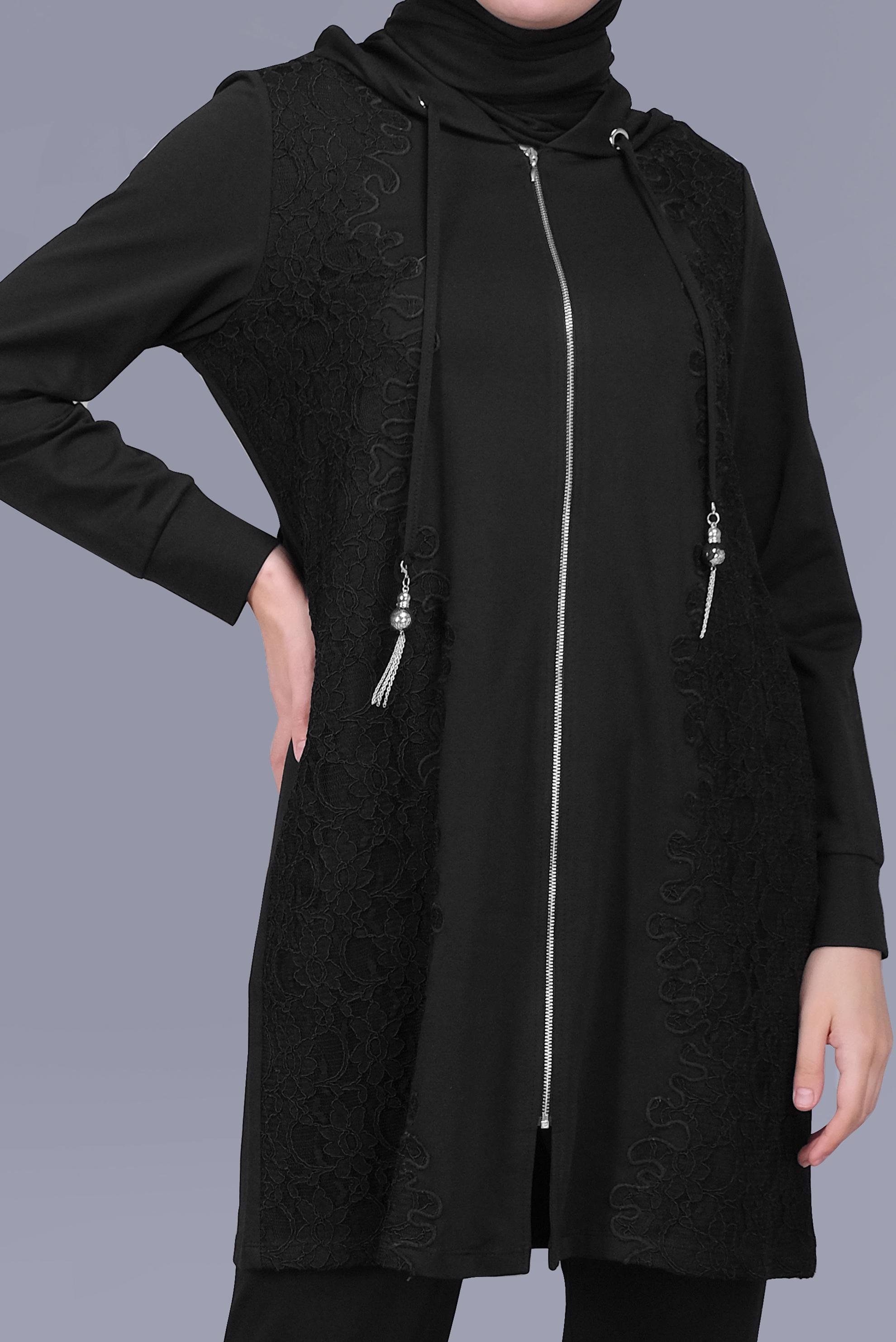 Tesettür giyim SİYAH PAMUKLU DANTELLİ PANTOLONLU TAKIM 41460