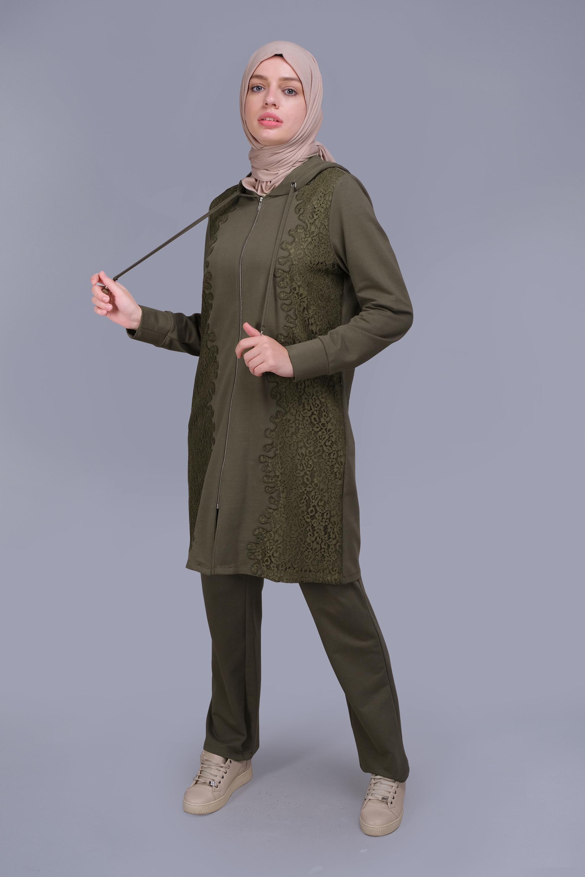 Tesettür giyim HAKİ PAMUKLU DANTELLİ PANTOLONLU TAKIM 41460