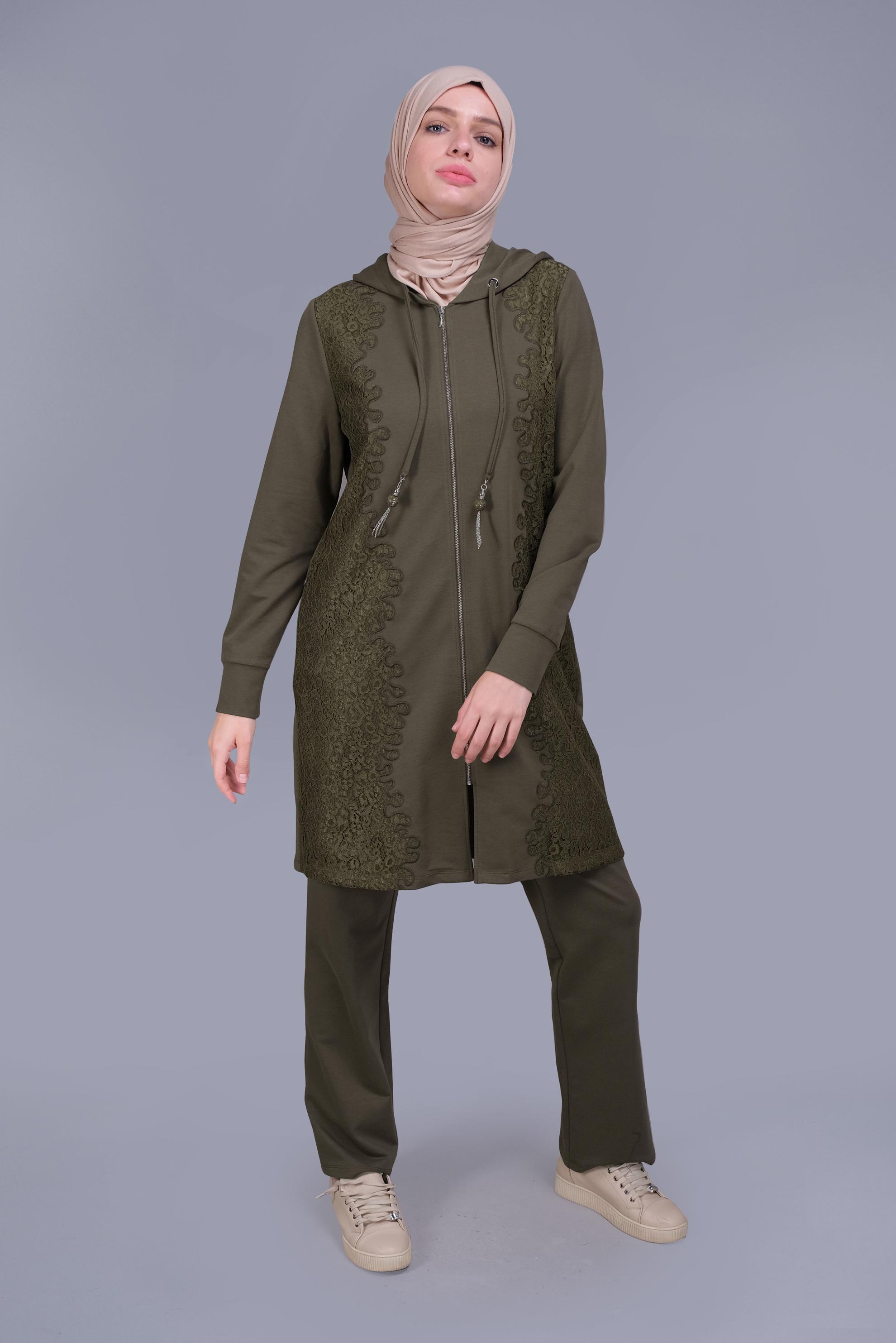 Tesettür giyim HAKİ PAMUKLU DANTELLİ PANTOLONLU TAKIM 41460