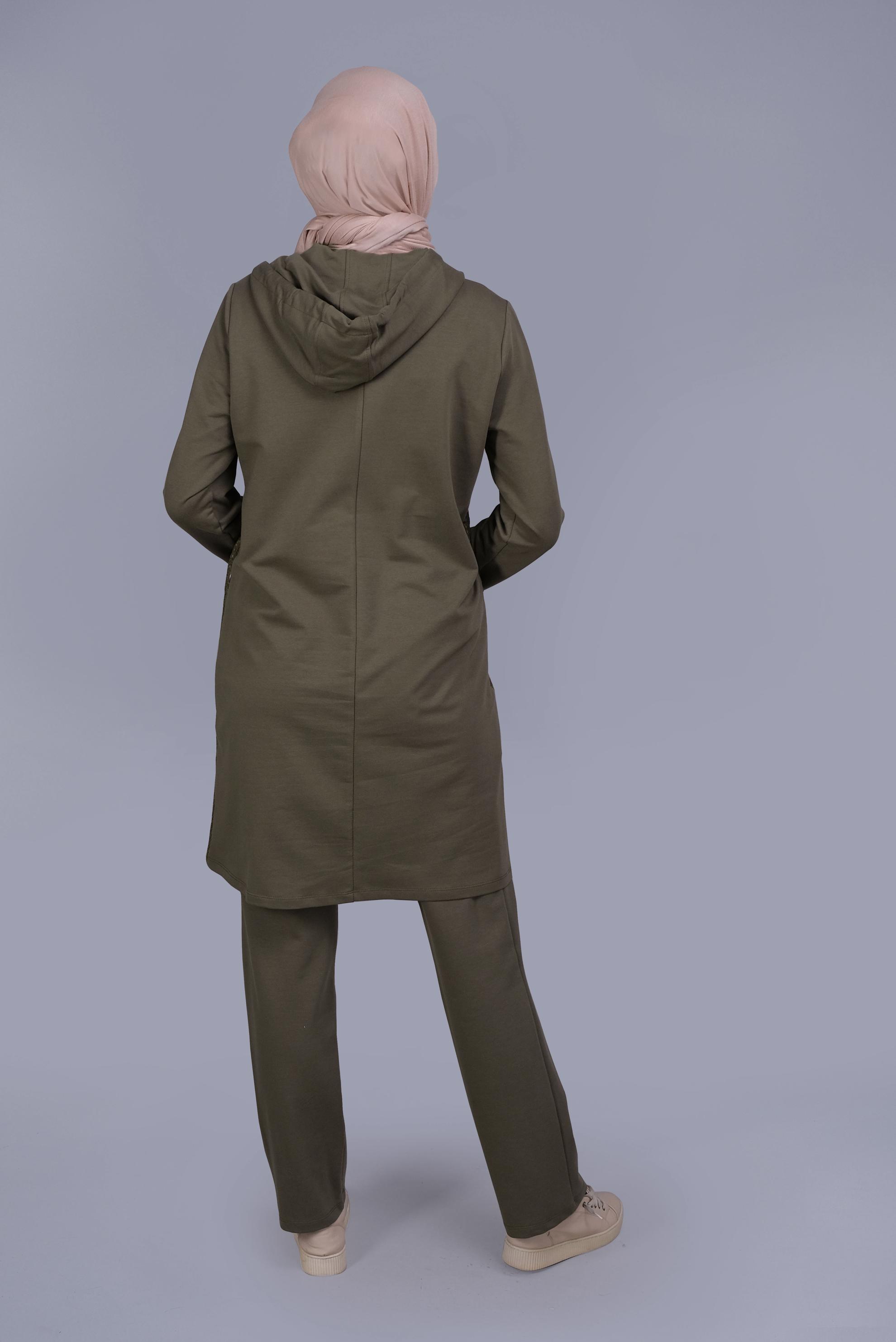 Tesettür giyim HAKİ PAMUKLU DANTELLİ PANTOLONLU TAKIM 41460