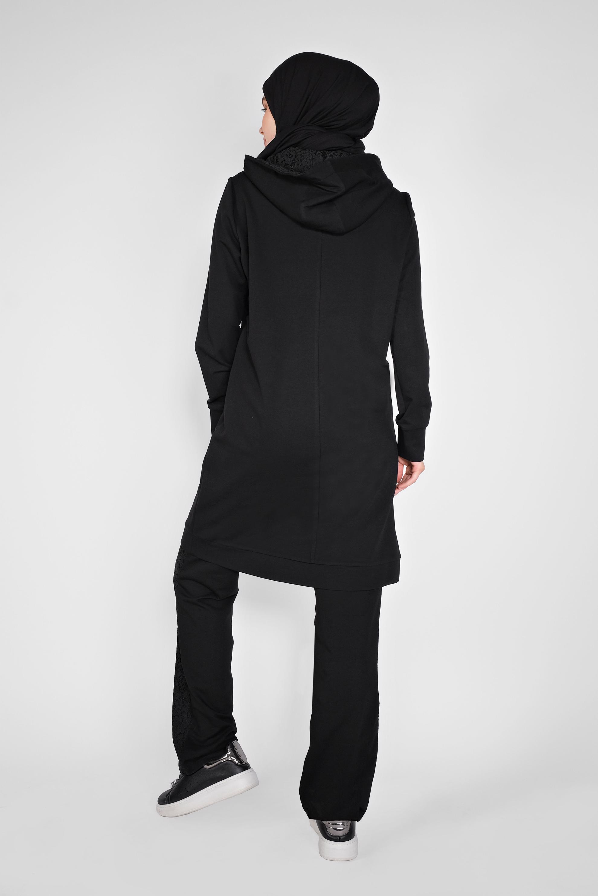 Tesettür giyim SİYAH DANTEL KOMBİNLİ KAPÜŞONLU PANTOLONLU EŞOFMAN TAKIM 41461 