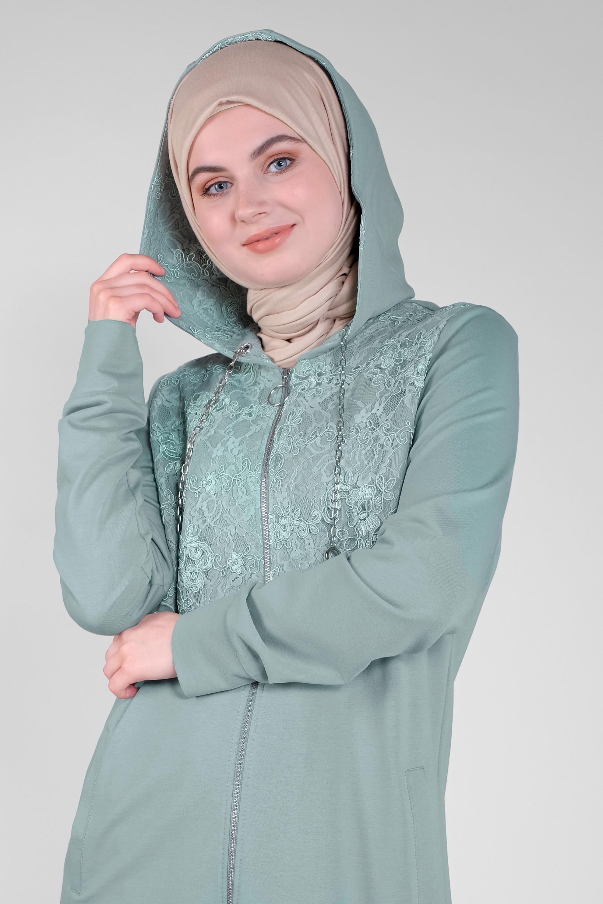 Tesettür giyim MAVİ DANTEL KOMBİNLİ KAPÜŞONLU PANTOLONLU EŞOFMAN TAKIM 41461 