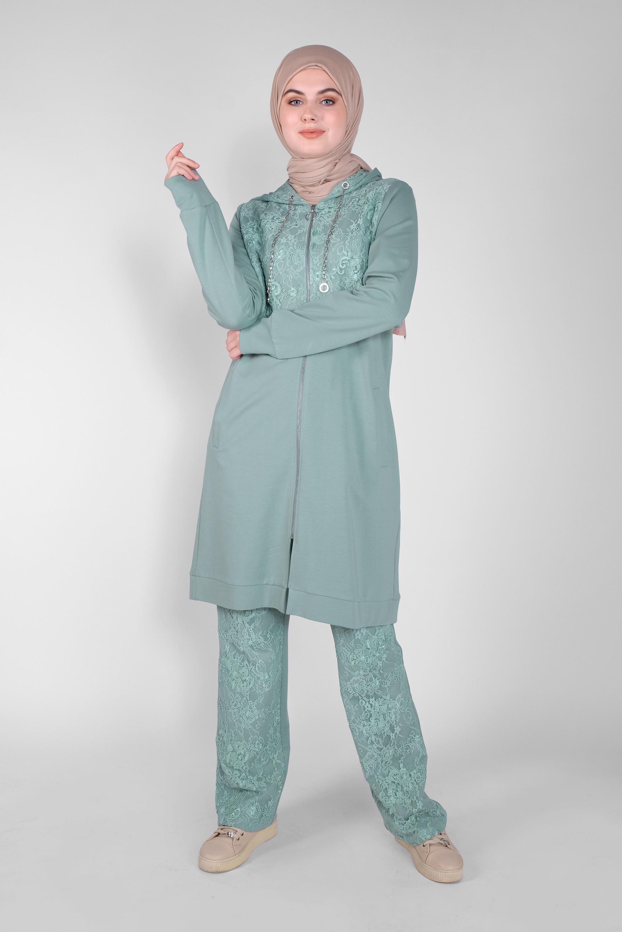 Tesettür giyim MAVİ DANTEL KOMBİNLİ KAPÜŞONLU PANTOLONLU EŞOFMAN TAKIM 41461 