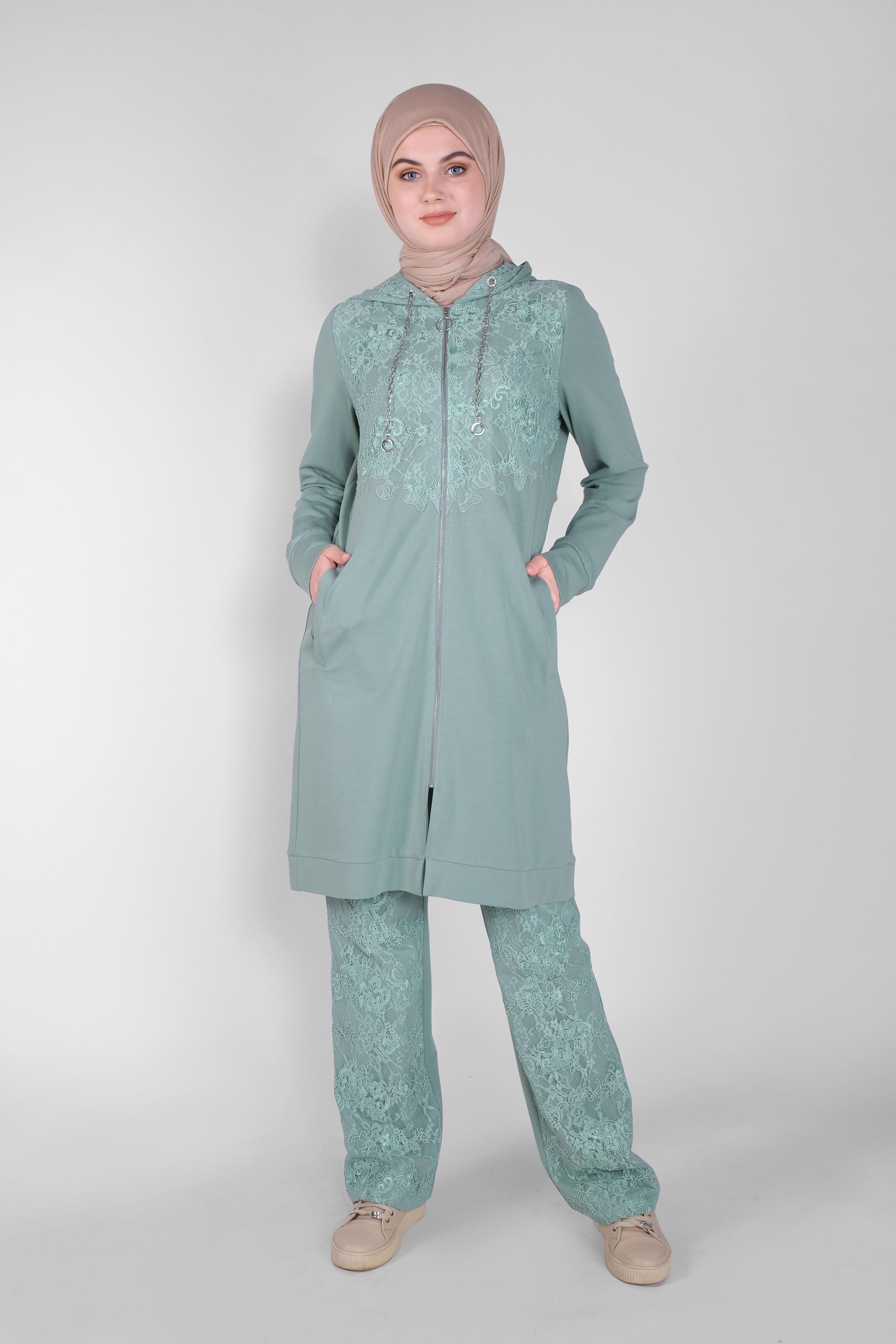 Tesettür giyim MAVİ DANTEL KOMBİNLİ KAPÜŞONLU PANTOLONLU EŞOFMAN TAKIM 41461 
