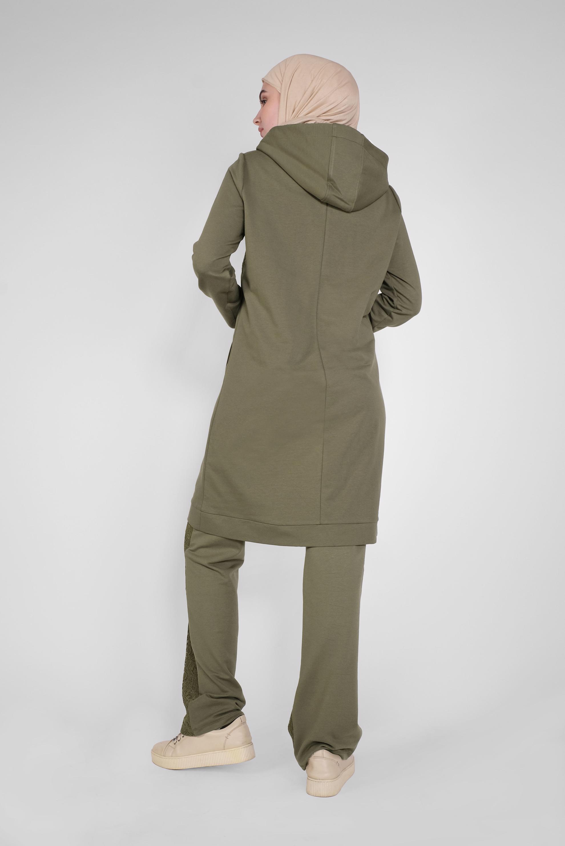 Tesettür giyim HAKİ DANTEL KOMBİNLİ KAPÜŞONLU PANTOLONLU EŞOFMAN TAKIM 41461 