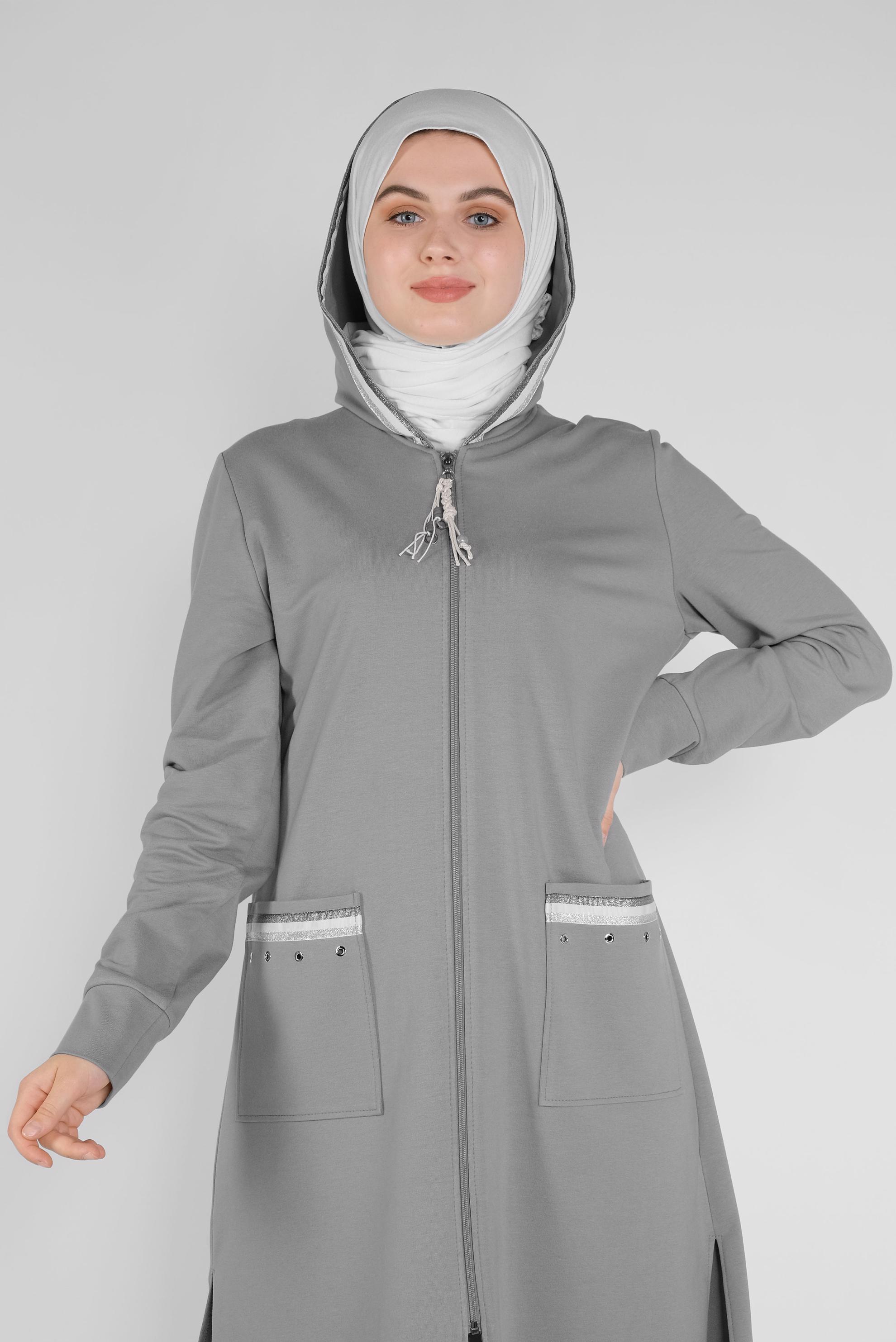 Tesettür giyim GRİ KUŞ GÖZÜ CEP DETAYLI PANTOLONLU EŞOFMAN TAKIMI 41476 