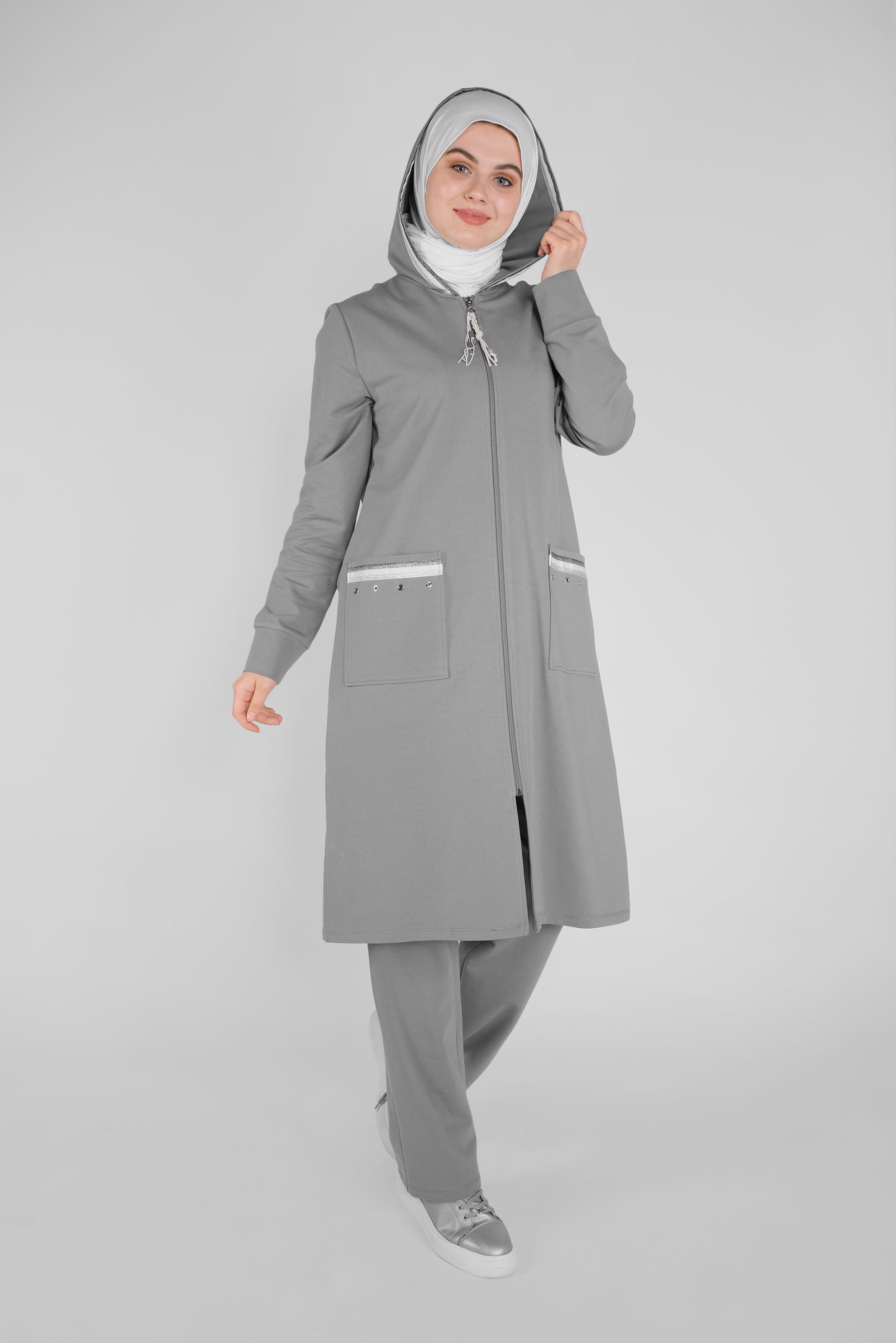 Tesettür giyim GRİ KUŞ GÖZÜ CEP DETAYLI PANTOLONLU EŞOFMAN TAKIMI 41476 
