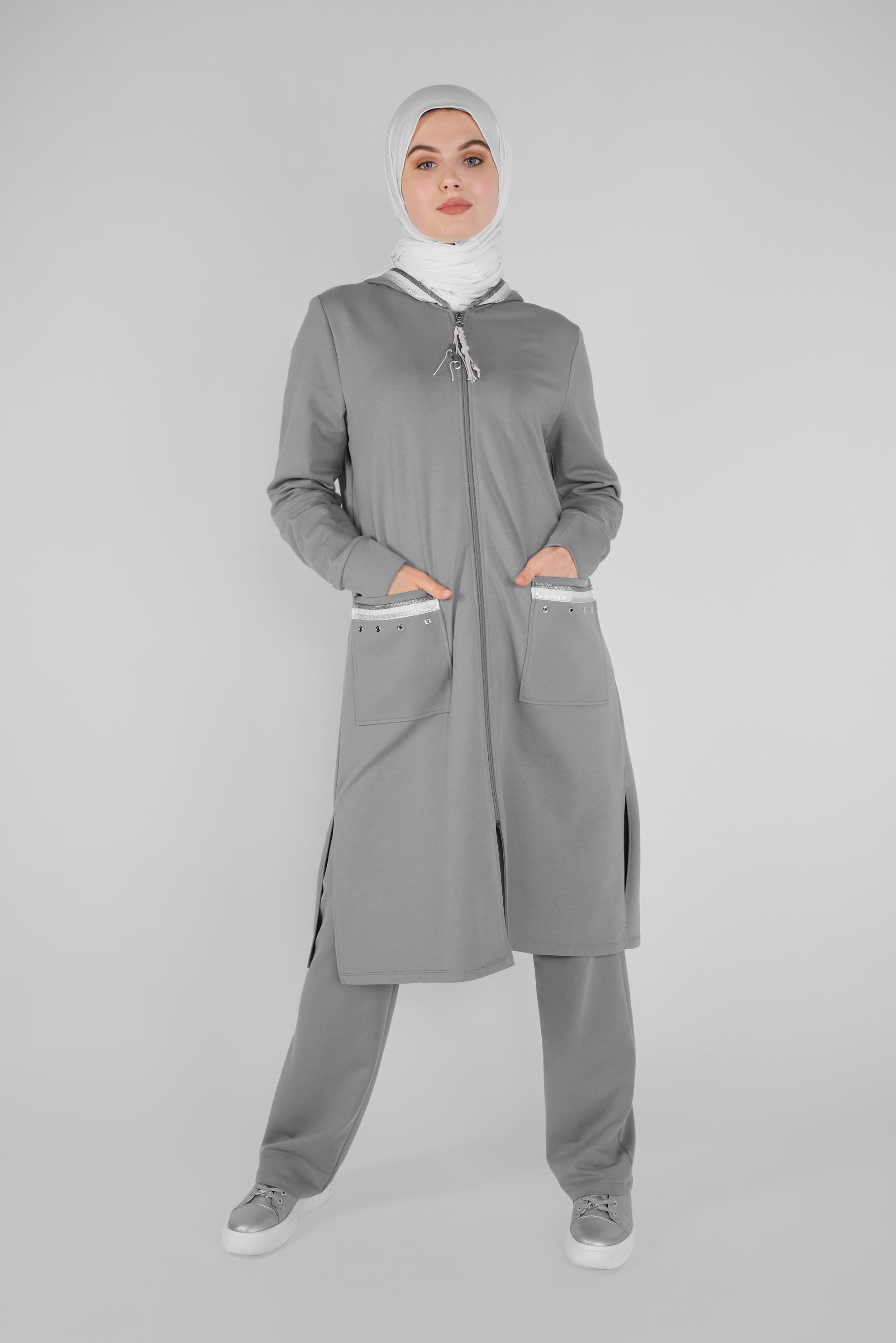 Tesettür giyim GRİ KUŞ GÖZÜ CEP DETAYLI PANTOLONLU EŞOFMAN TAKIMI 41476 