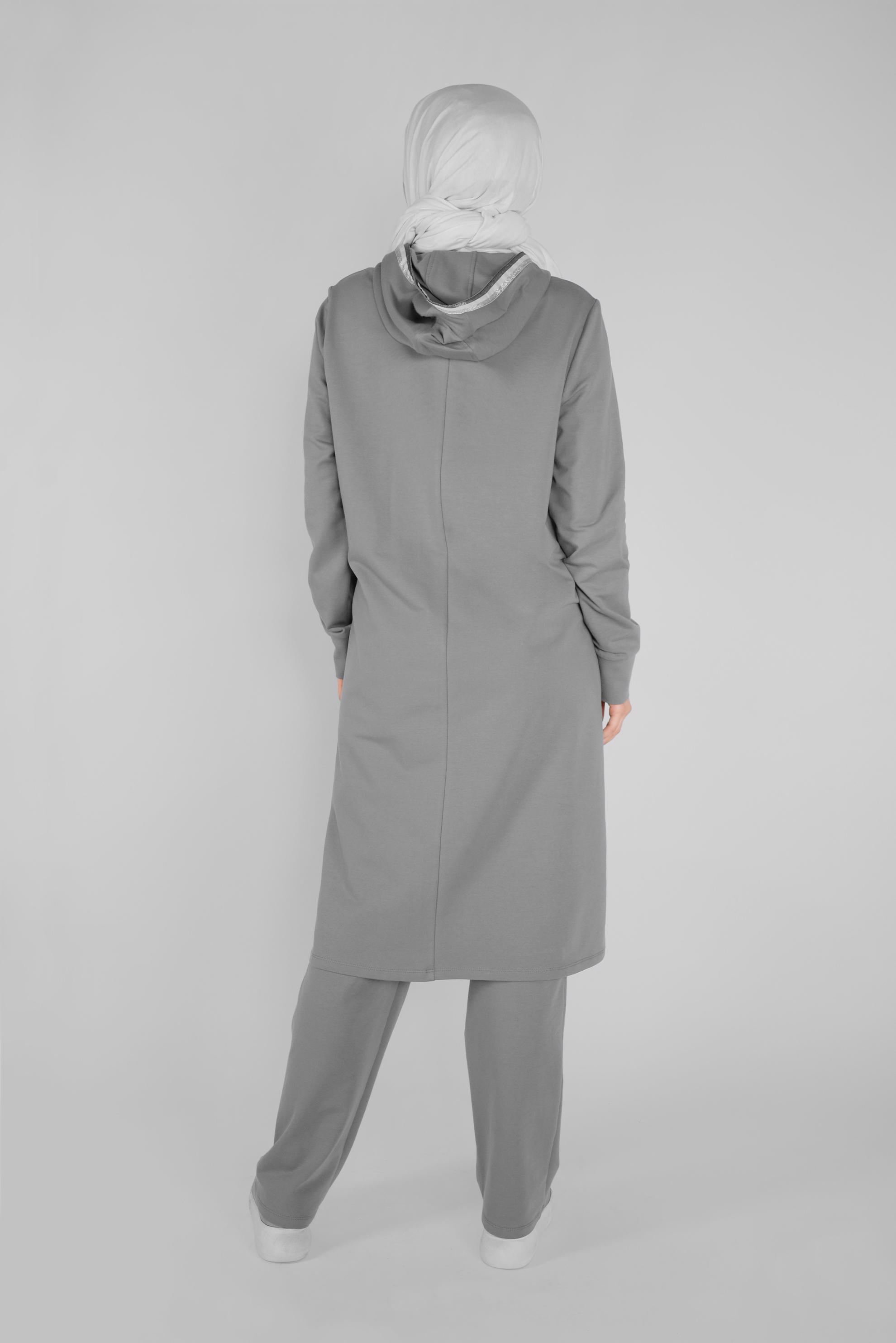 Tesettür giyim GRİ KUŞ GÖZÜ CEP DETAYLI PANTOLONLU EŞOFMAN TAKIMI 41476 