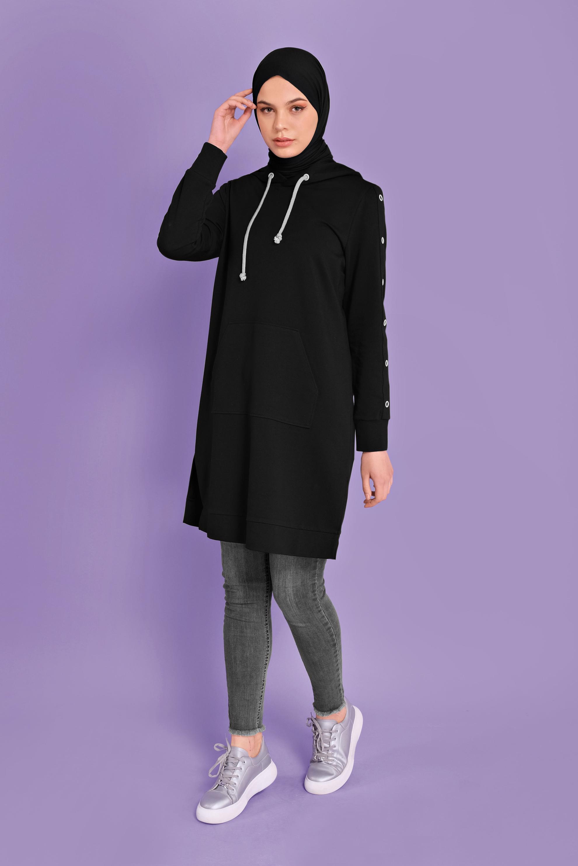 Tesettür giyim SİYAH KUŞGÖZÜ DETAYLI EŞOFMAN TUNİK 41477 
